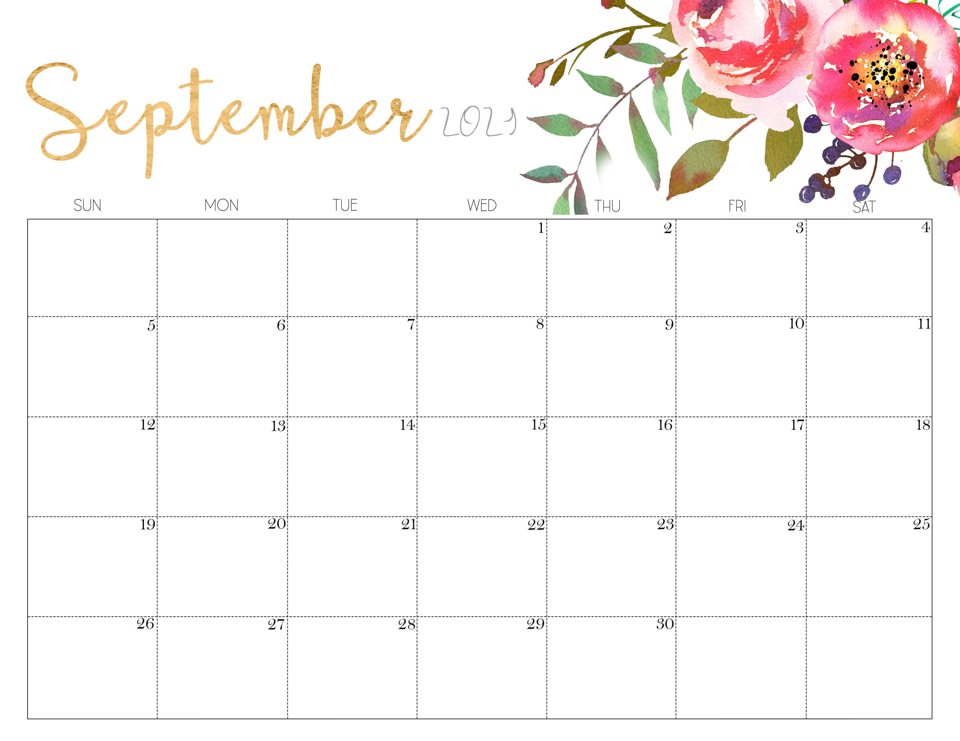 September 桌布 壁紙 — 2024年9月日曆，右上角有金色字體和水彩粉紅色花朵。