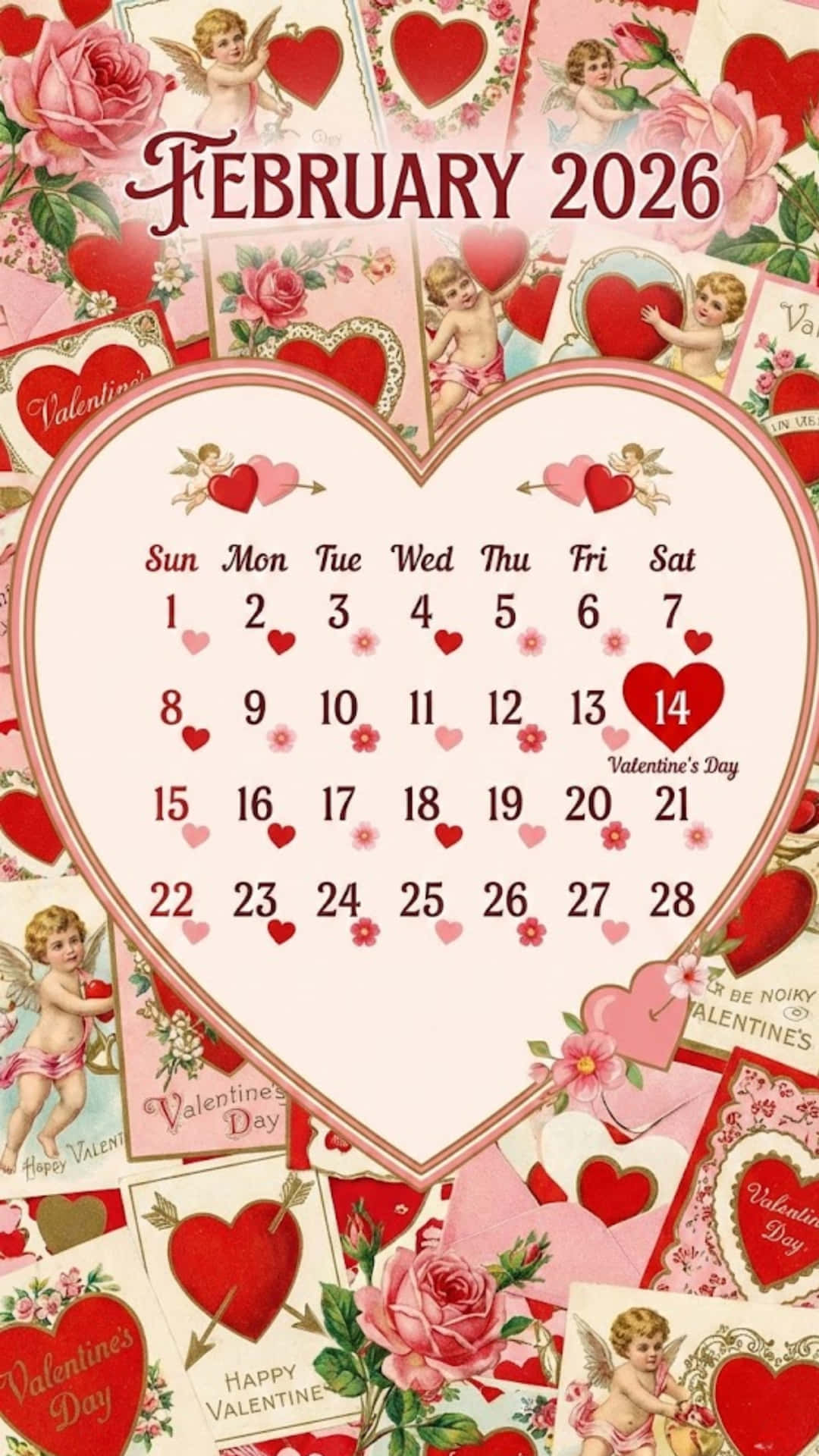 February 2026 Calendar With Love Theme 壁紙 — 2026年2月情人節復古日曆，以心形框起，周圍環繞著小天使、玫瑰和浪漫卡片。