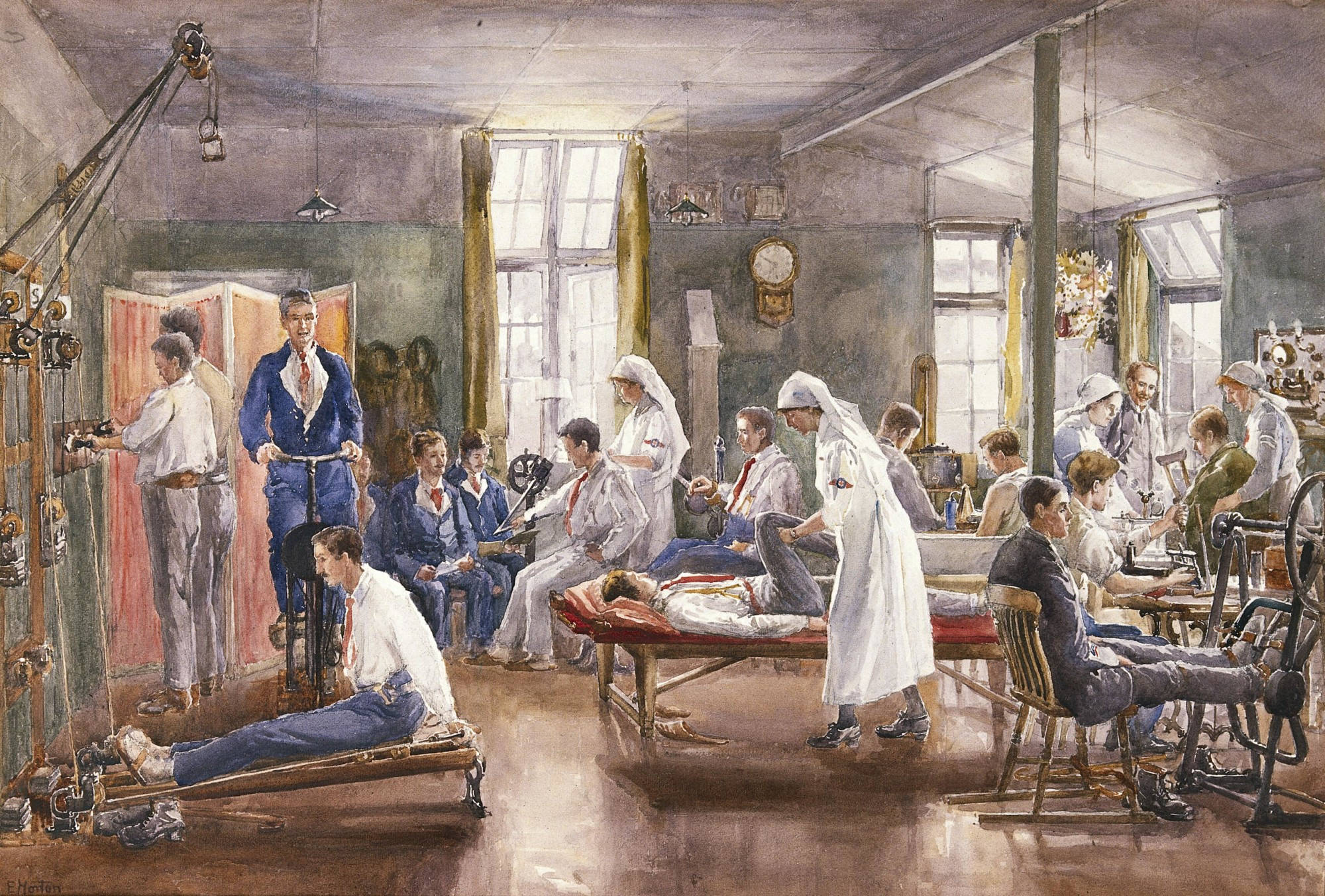 Painting 桌布 壁紙 — 20世紀初康復診所的水彩場景，患者使用運動器械，護士在大窗戶下協助。