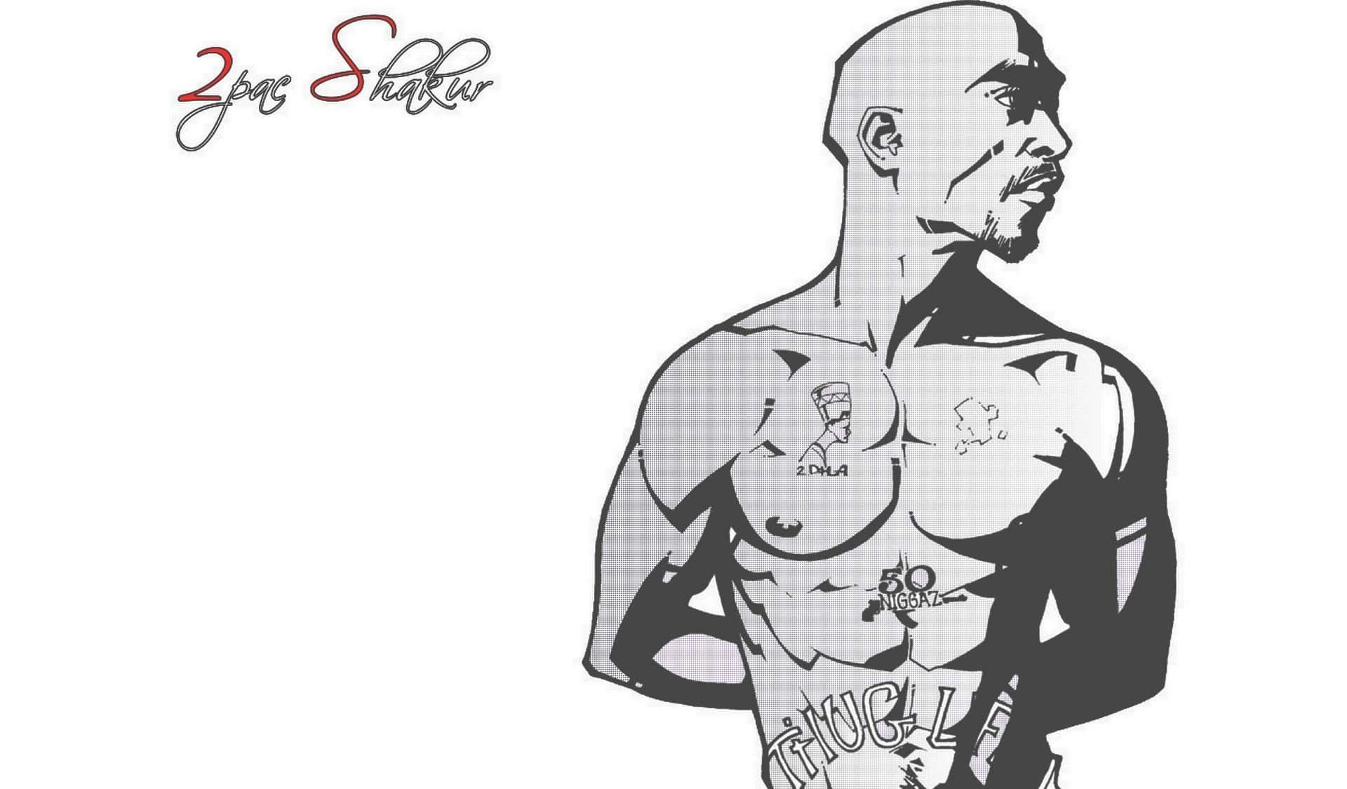 饒舌歌手 2pac Shakur 的插圖，帶有刺青和嚴肅表情。 — Tupac GIF 壁紙