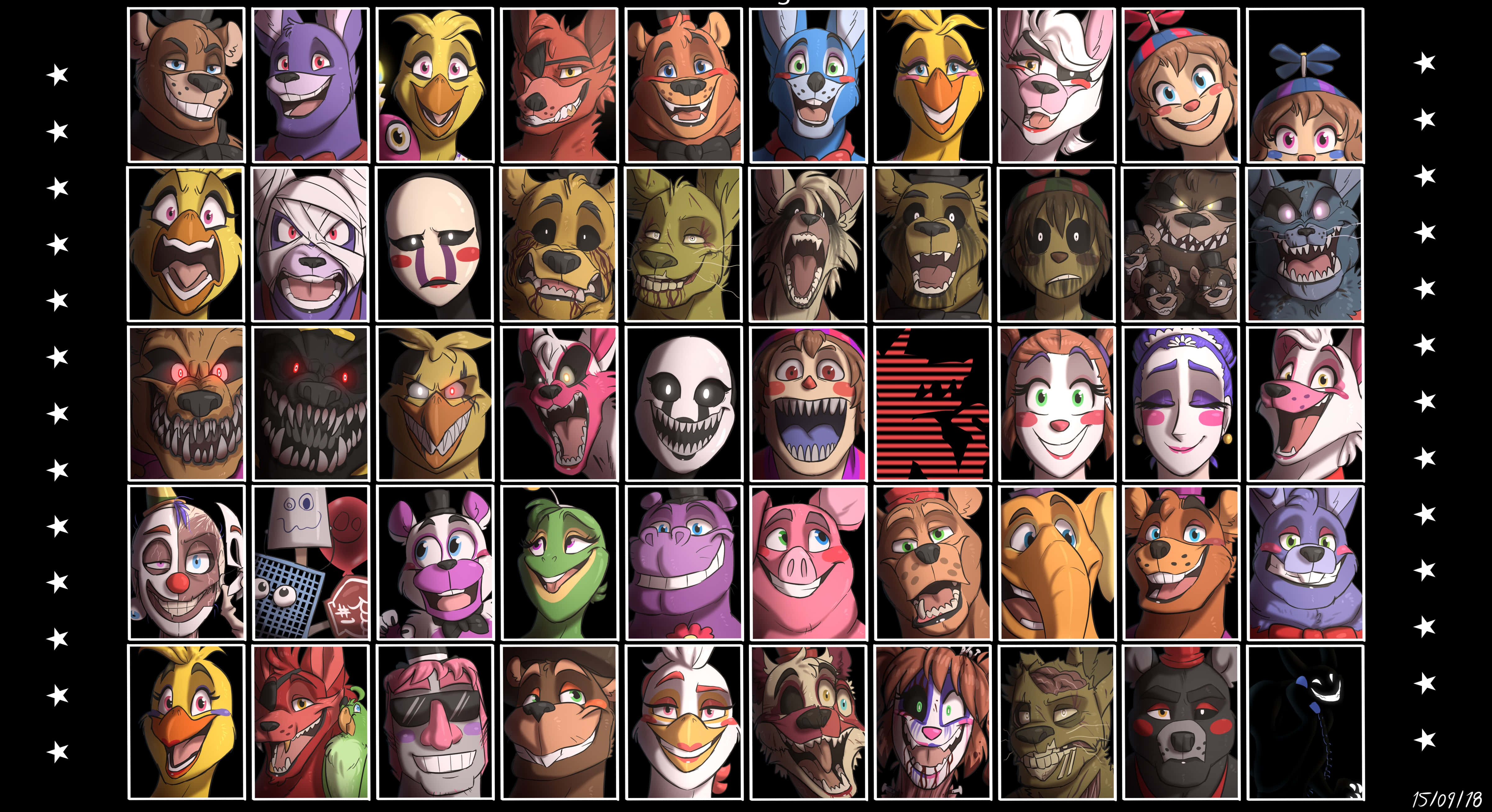 Ultimate Custom Night 桌布 壁紙 — 32個動畫電子動畫角色網格，表情多變，從愉快到威脅，背景為黑色星空。