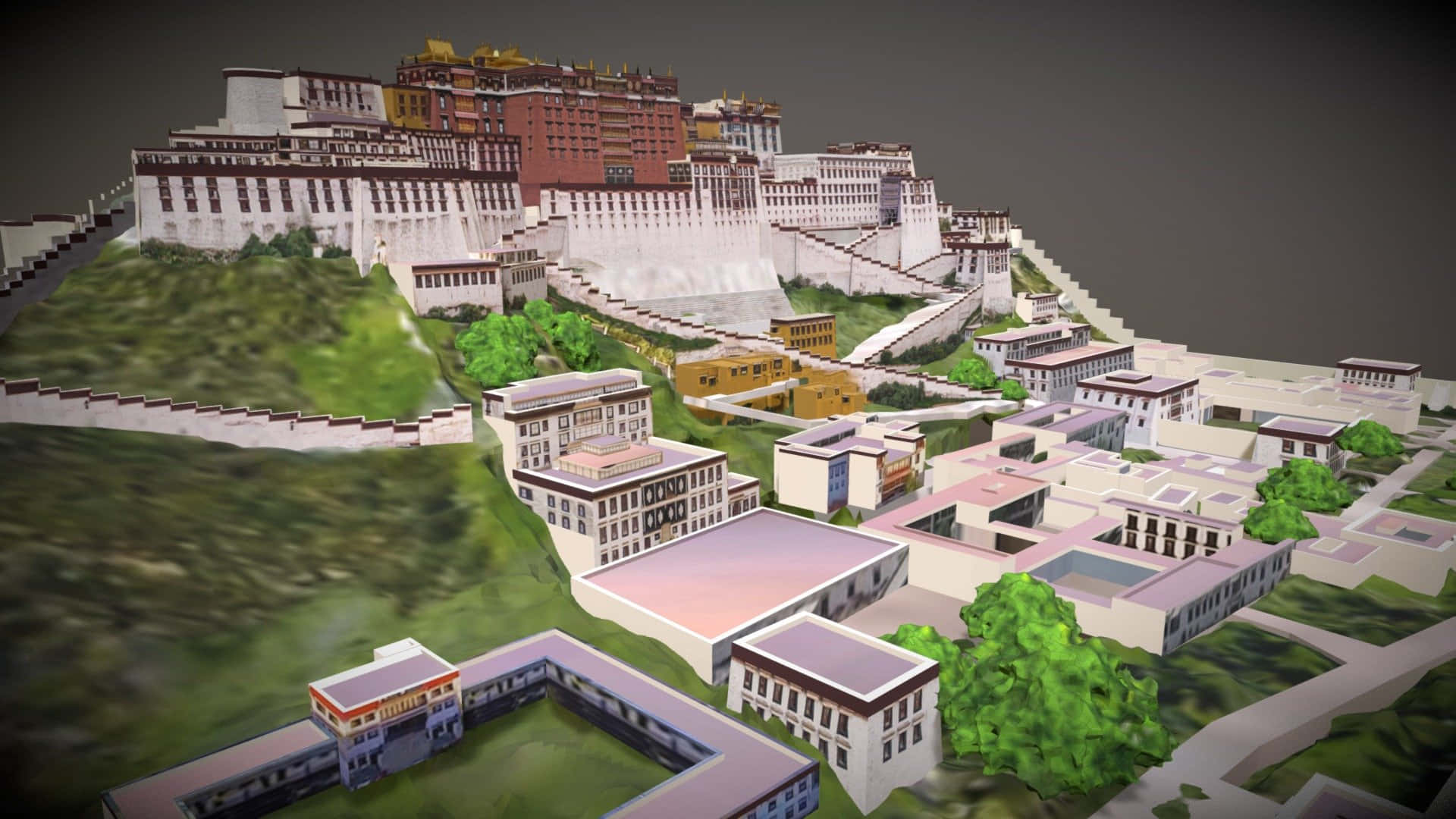 山坡上布達拉宮及周邊建築的3D數位模型。 — 3D 壁紙