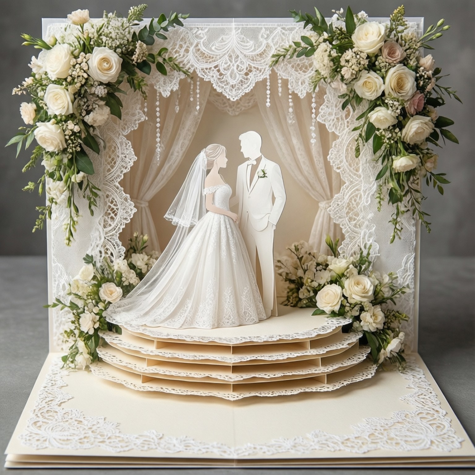 婚禮優雅立體卡片 壁紙 — 一張3D立體婚禮賀卡，在蕾絲窗簾和花卉佈置下展示新娘和新郎的剪影。