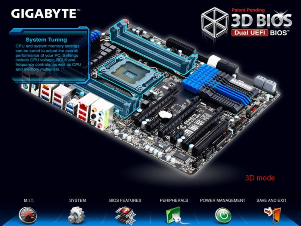 3D渲染的Gigabyte主機板，配備系統調校介面和雙UEFI BIOS功能。 — 3D 壁紙