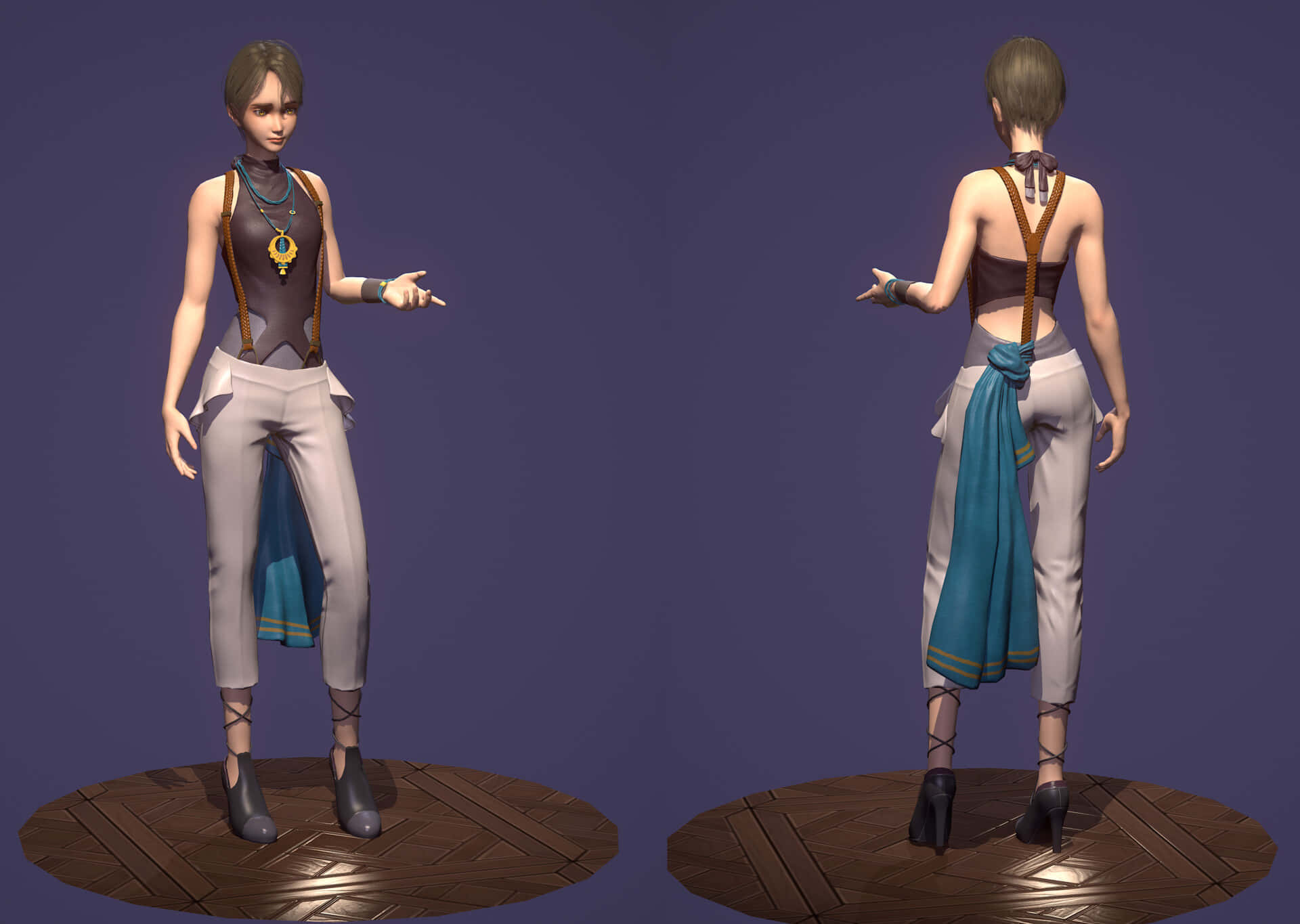 Iris Cannary 桌布 壁紙 — 一個3D渲染的角色，正面和背面展示，穿著棕色上衣配吊帶和淺灰色褲子配藍色腰帶。