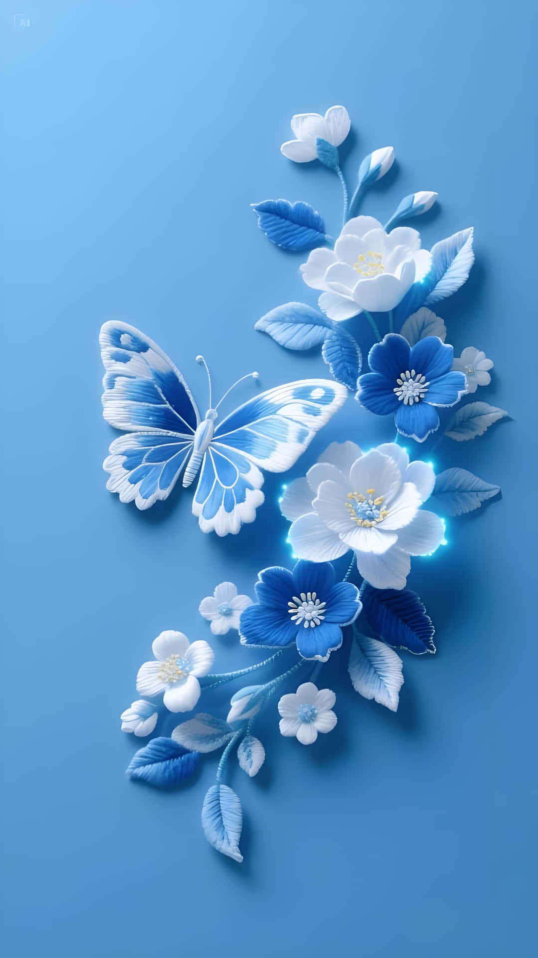 Blue Butterfly & Flowers: 3D Glowing Floral Art Wallpaper 壁紙 — 3D 剪紙風格的蝴蝶和花卉佈置，採用藍色和白色色調，背景為純藍色。