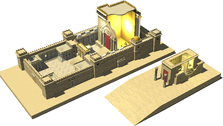 廟宇 桌布 壁紙 — 3D 渲染的古代寺廟建築群，內部金光閃閃，石造建築，位於沙地之上。