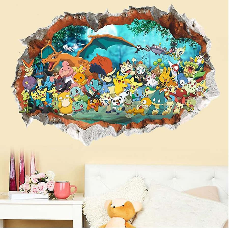 桌布 壁紙 — 3D 牆貼描繪了一個充滿活力的 Pokémon 聚會，從一張舒適的床上方穿過撕裂的牆壁迸發而出。