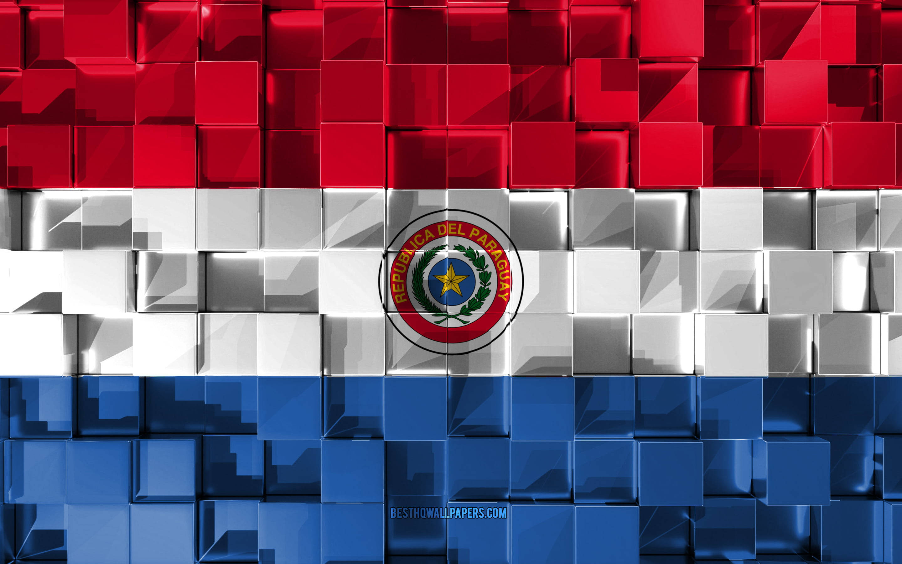 Paraguay 桌布 壁紙 — 3D 立方體馬賽克形成巴拉圭國旗，帶有紅、白、藍條紋和中央國徽。