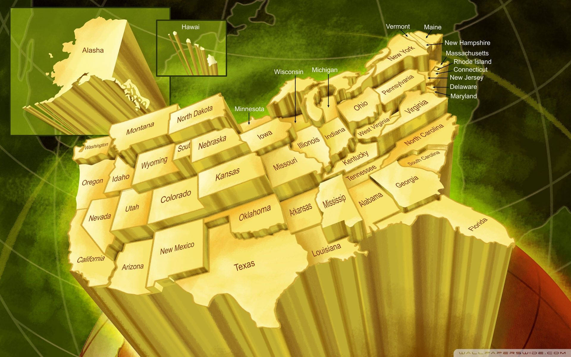 United States Map 桌布 壁紙 — 3D渲染的金色美國地圖，帶有標記的州名和綠色紋理背景。