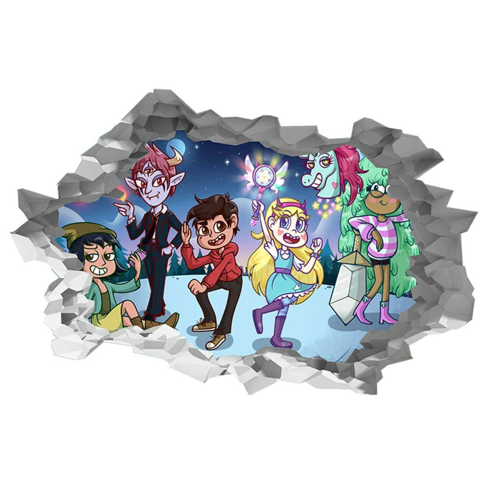 Star Vs The Forces Of Evil 桌布 壁紙 — 3D牆貼顯示六個動畫角色衝破破裂的混凝土牆，進入星空夜景。