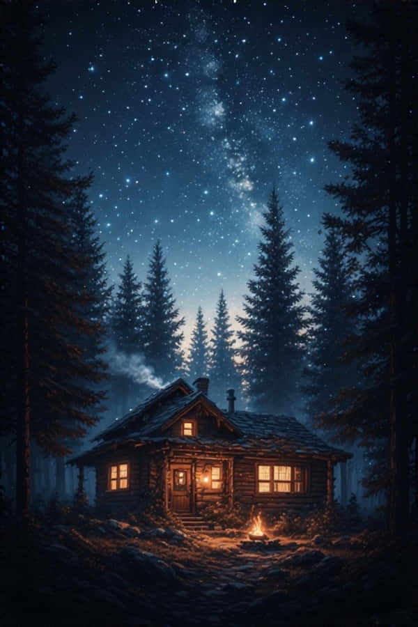 夜間舒適小屋 森林星空自然 4K 壁紙 — 一間舒適的木屋坐落在雪地森林中，星空下，附近有發光的營火。