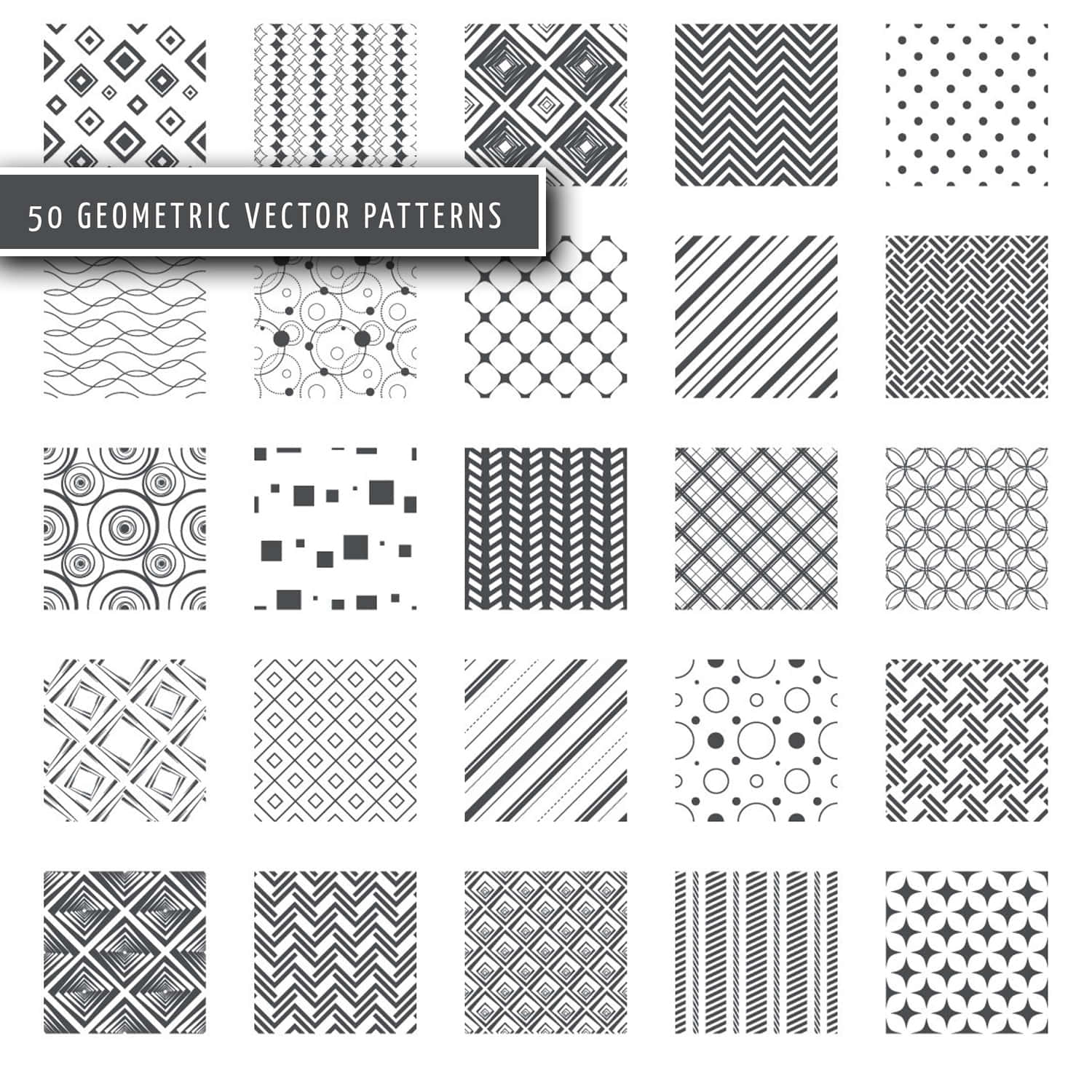 Geometric Pattern 桌布 壁紙 — 50個單色幾何向量圖案網格，包含菱形、鋸齒形、圓形和線條，黑白配色。