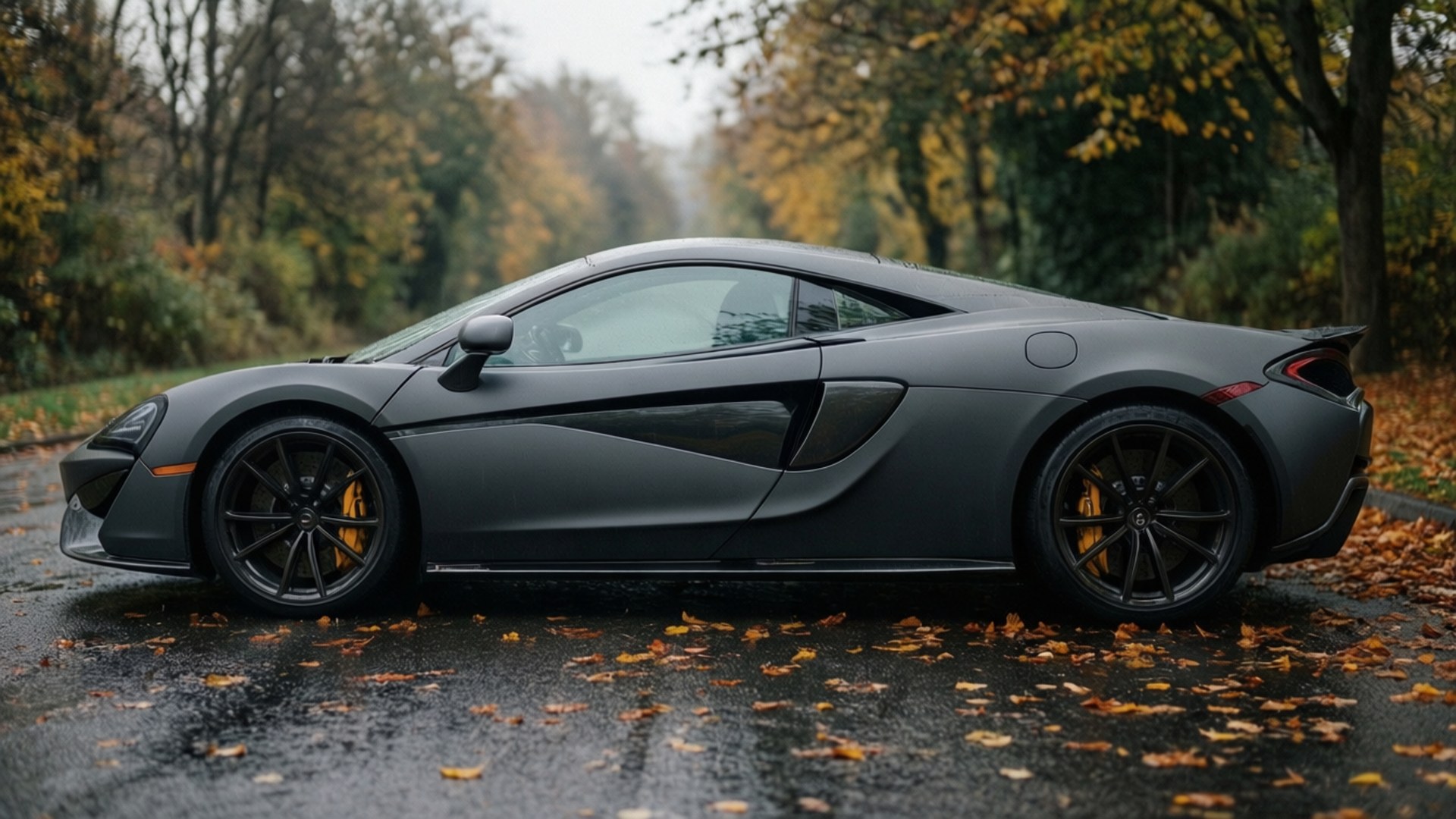 秋日灰 570S 壁紙 — 一輛啞光灰色的McLaren跑車停放在濕滑的道路上，路上覆蓋著秋天的落葉，天空多雲。