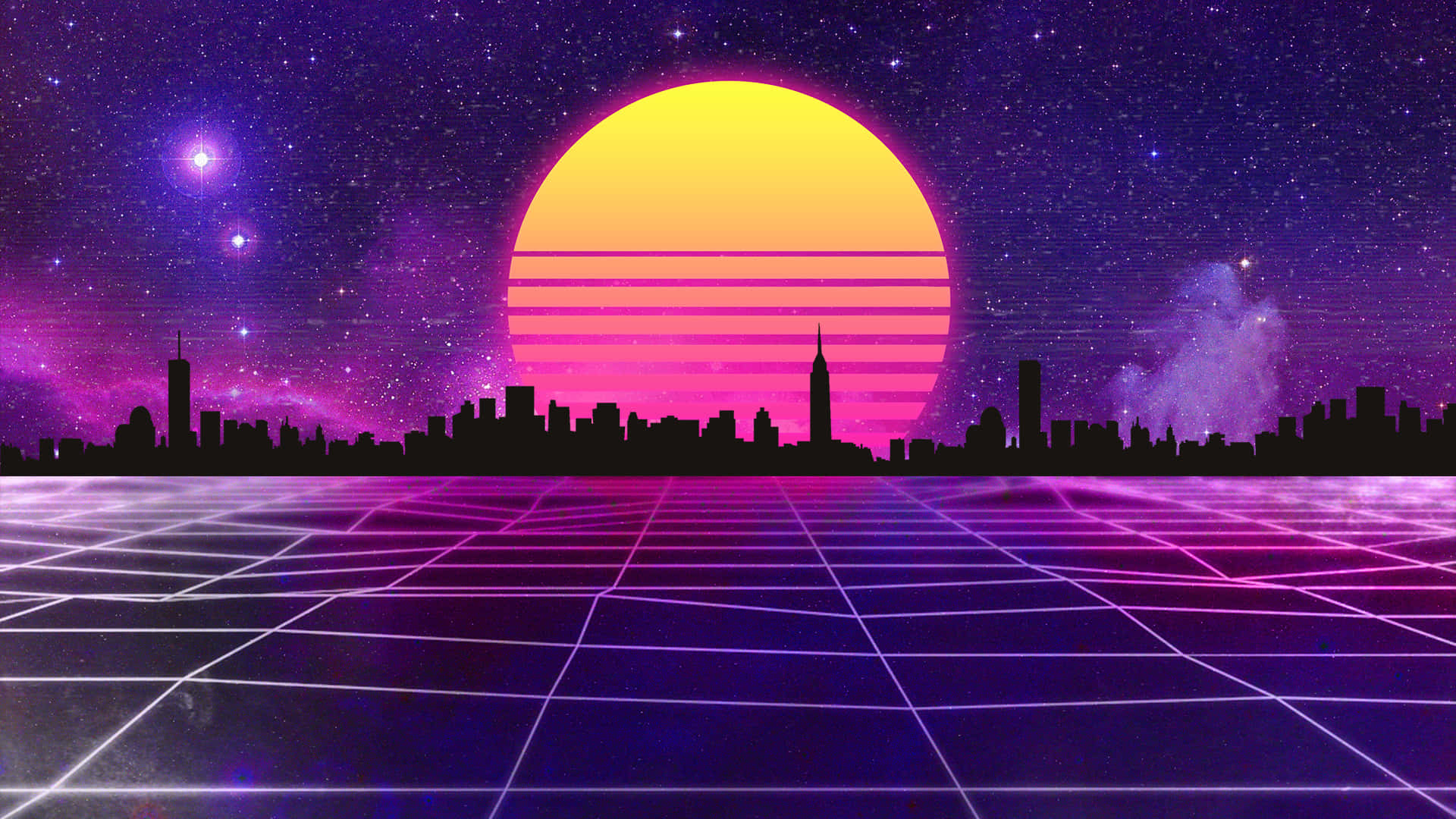 80年代城市景觀，太陽在其後升起 壁紙