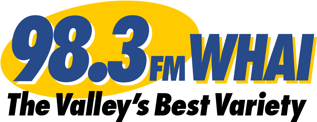 麥可·傑克森 桌布 壁紙 — 98.3 FM WHAI 的醒目藍黃色電台標誌，白色輪廓襯托黑色背景。
