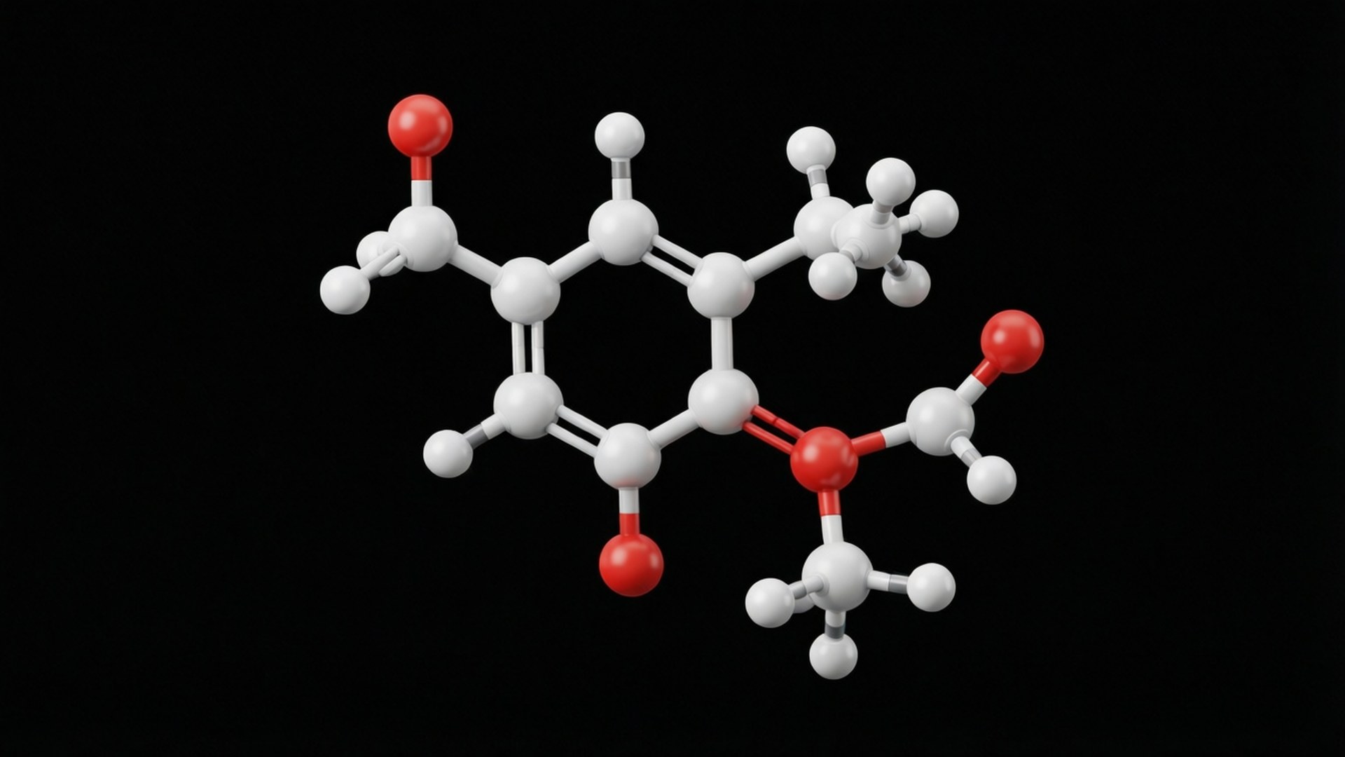 Caffeine Molecule 3D 壁紙 — 一個化學化合物的3D分子模型，由白色和紅色的球體通過棒狀連接，背景為黑色。