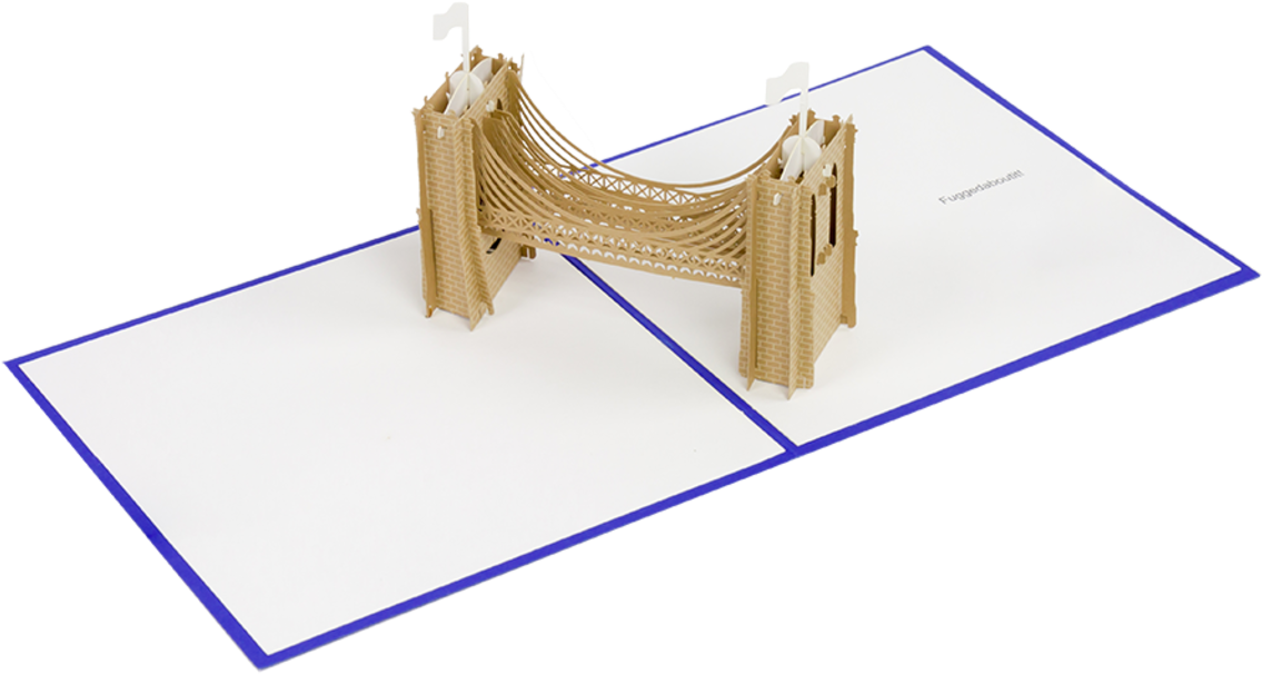 一張3D立體卡片，展示一座帶有白色旗幟的棕褐色吊橋。 — 3D 壁紙