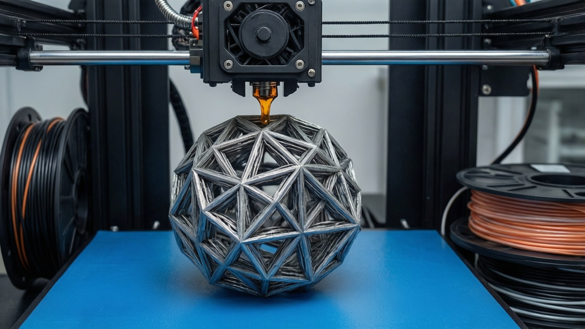 3D Printer in Action 壁紙 — 3D列印機擠出熔融長絲，構建一個帶有互鎖三角形框架的幾何球體。