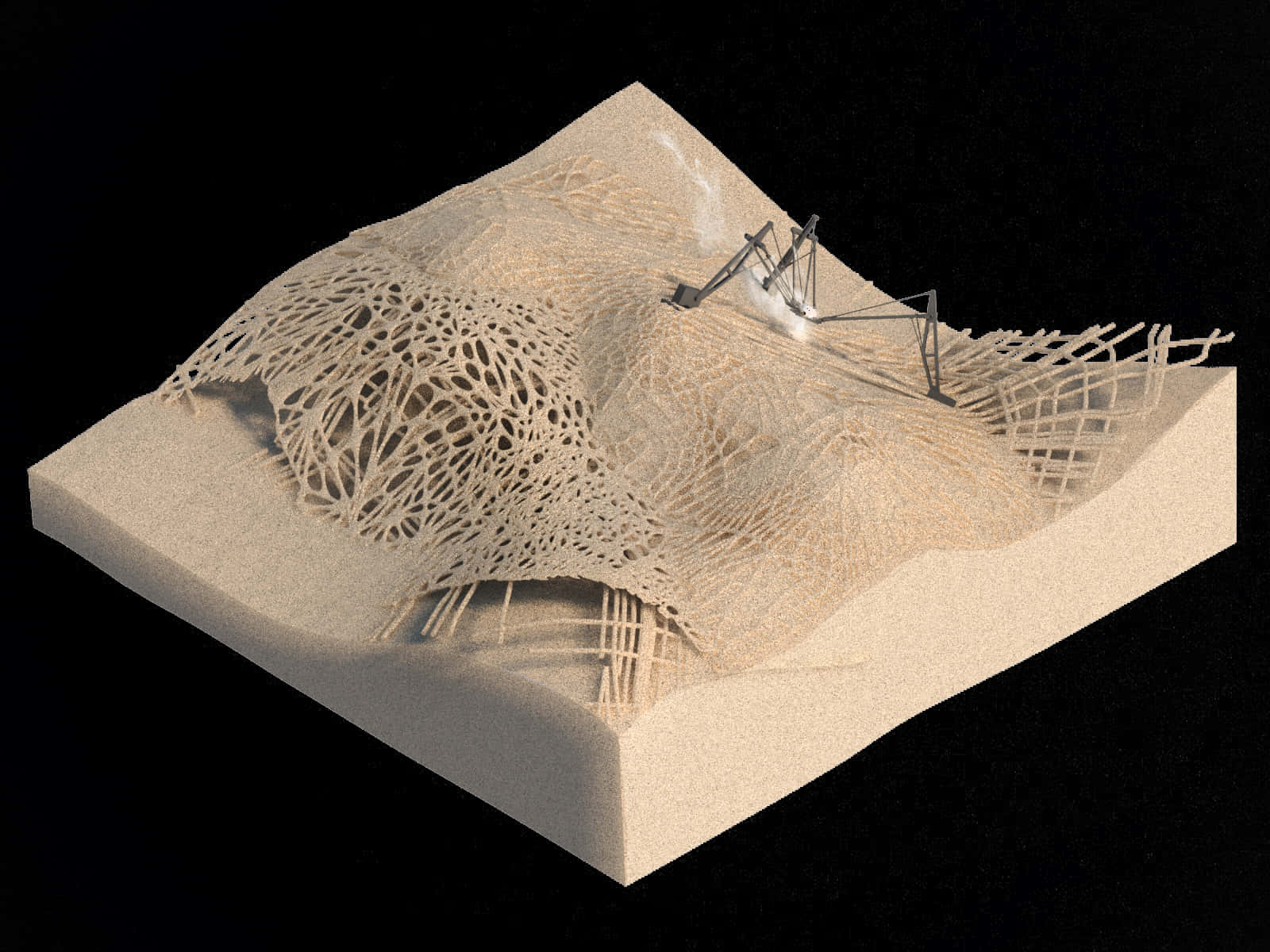 米色方塊上帶有編織圖案和金屬結構的抽象3D山脈。 — 3D 壁紙