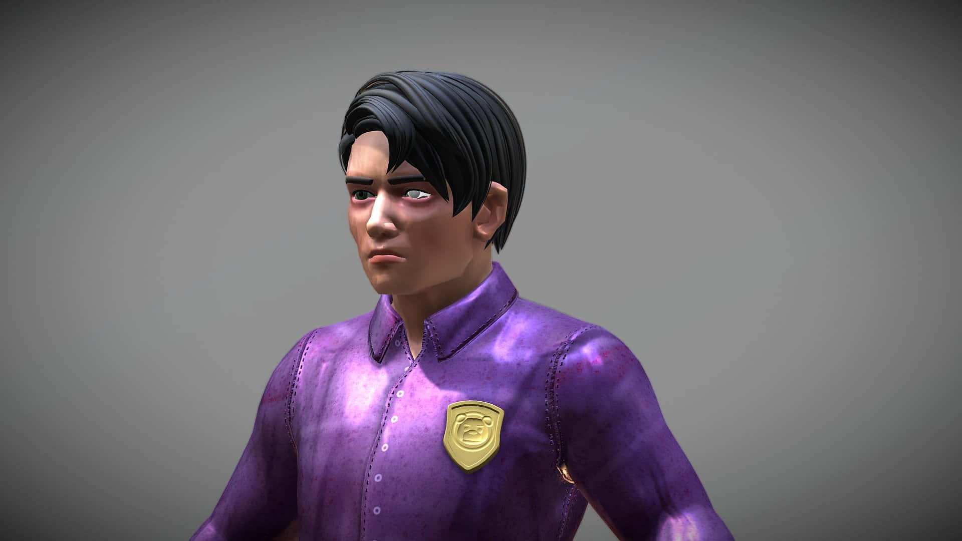  壁紙 — 一個3D渲染的動漫風格男性角色，黑髮，穿著帶有金色徽章的紫色襯衫。