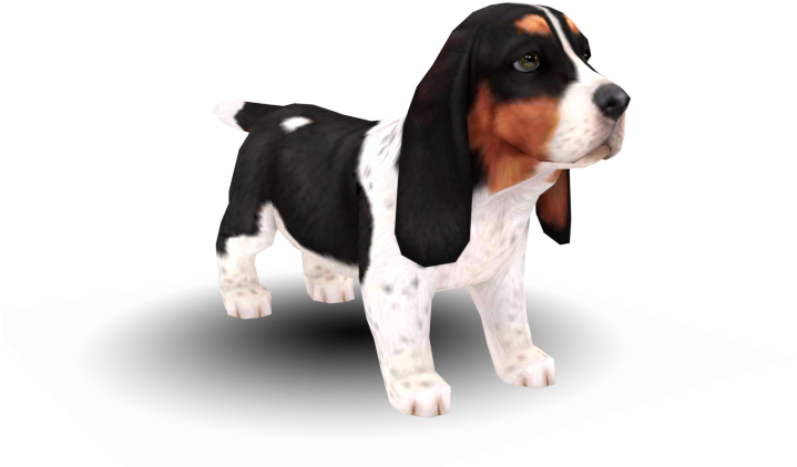 一隻3D渲染的巴吉度獵犬幼犬，毛色為黑色、白色和棕褐色站立。 — 3D 壁紙