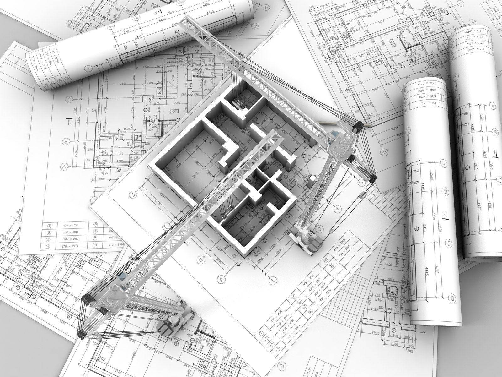 建築藍圖上有一個3D起重機模型。 — 3D 壁紙