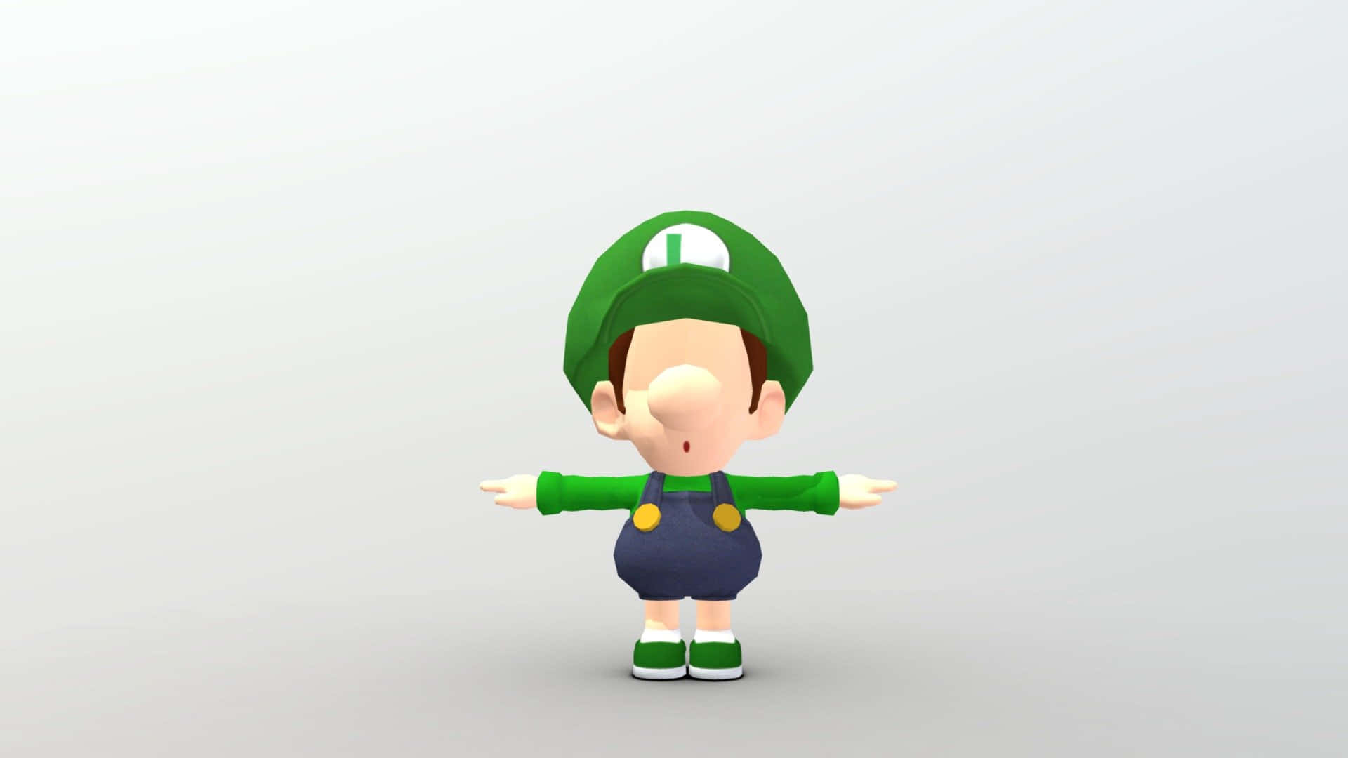 Baby Luigi 桌布 壁紙 — 一個3D渲染的路易吉角色站在純白色背景前，雙臂伸展。
