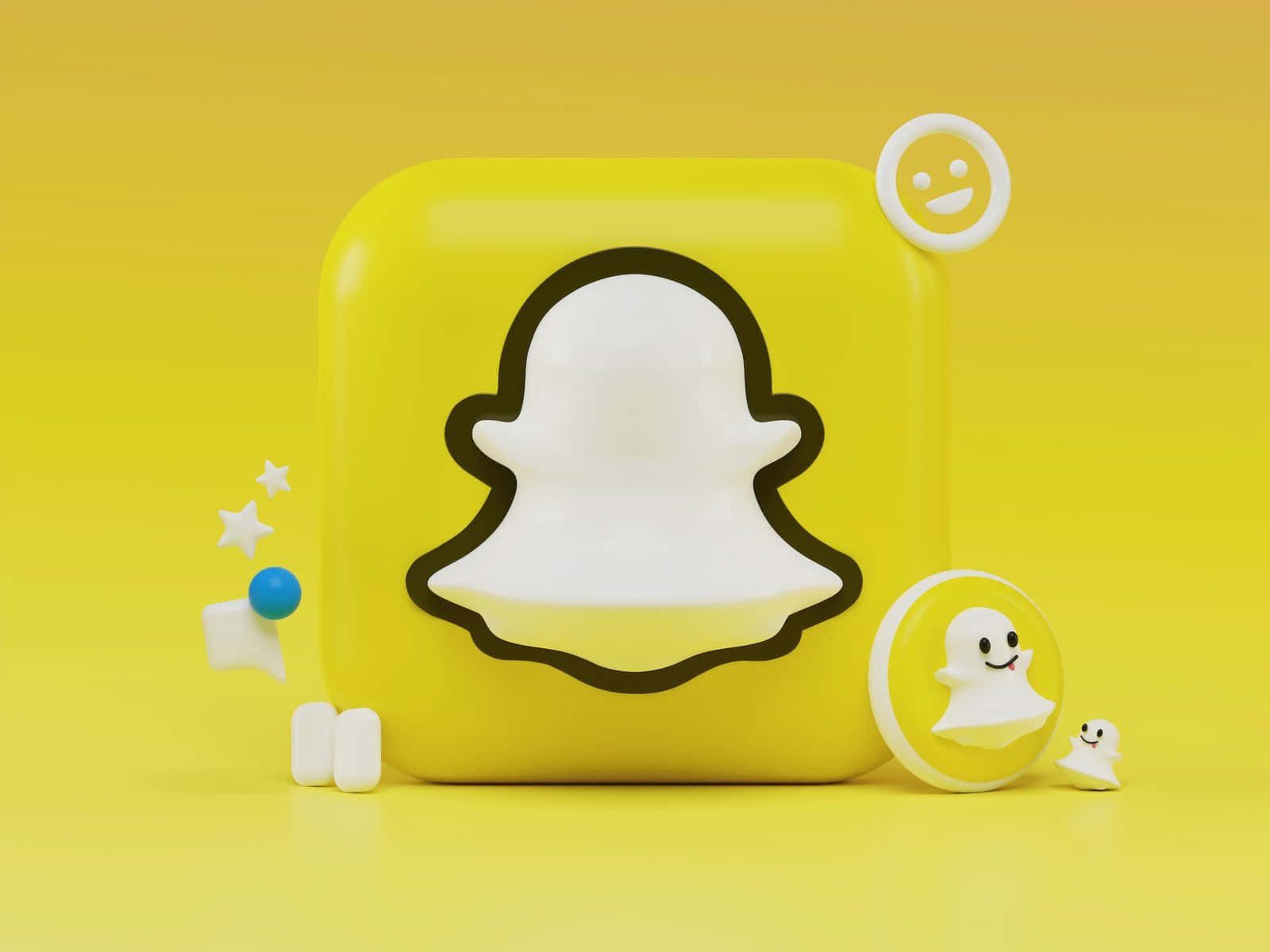  壁紙 — 一個3D渲染的Snapchat應用程式圖標，帶有鬼魂角色和俏皮元素，背景為鮮豔的黃色。