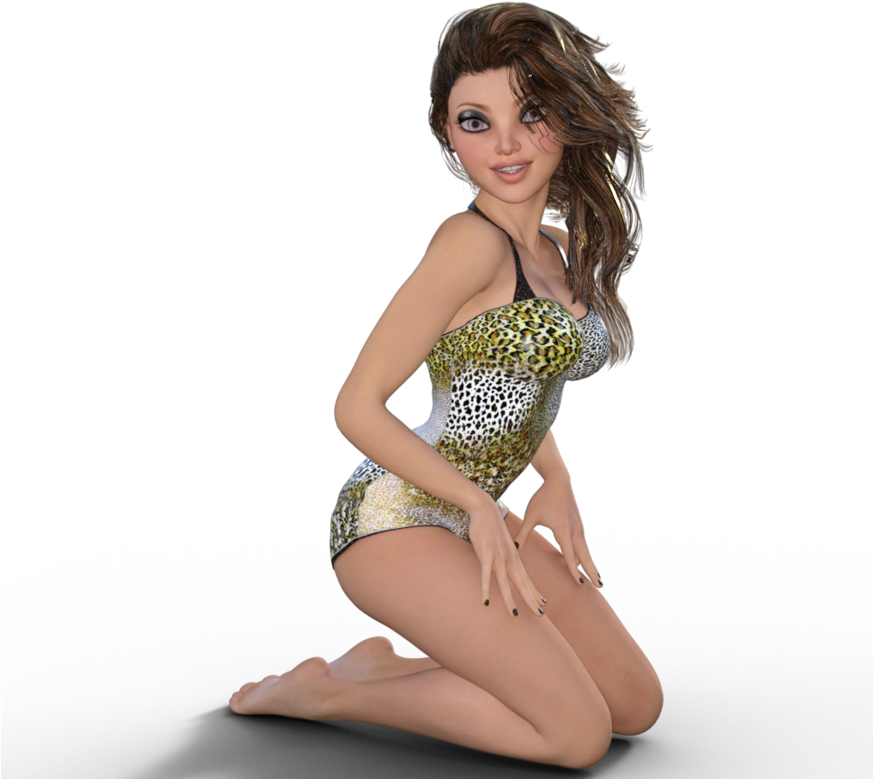 一位穿著豹紋泳衣的女性跪著，頭髮飄逸。 — 3D 壁紙