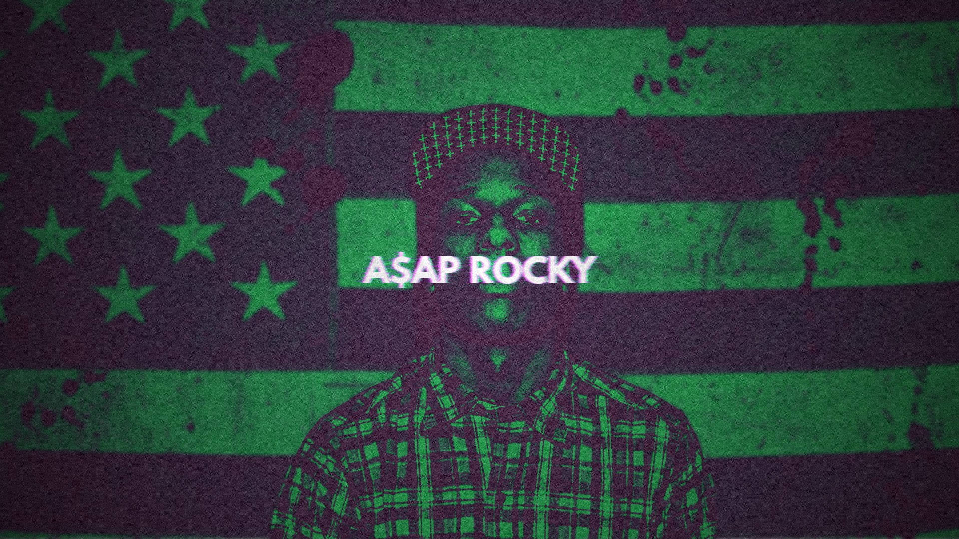 rocky 桌布 壁紙 — A$AP Rocky 在一個破舊的綠色和紫色美國國旗背景下向前凝視，上面疊加了他的名字。