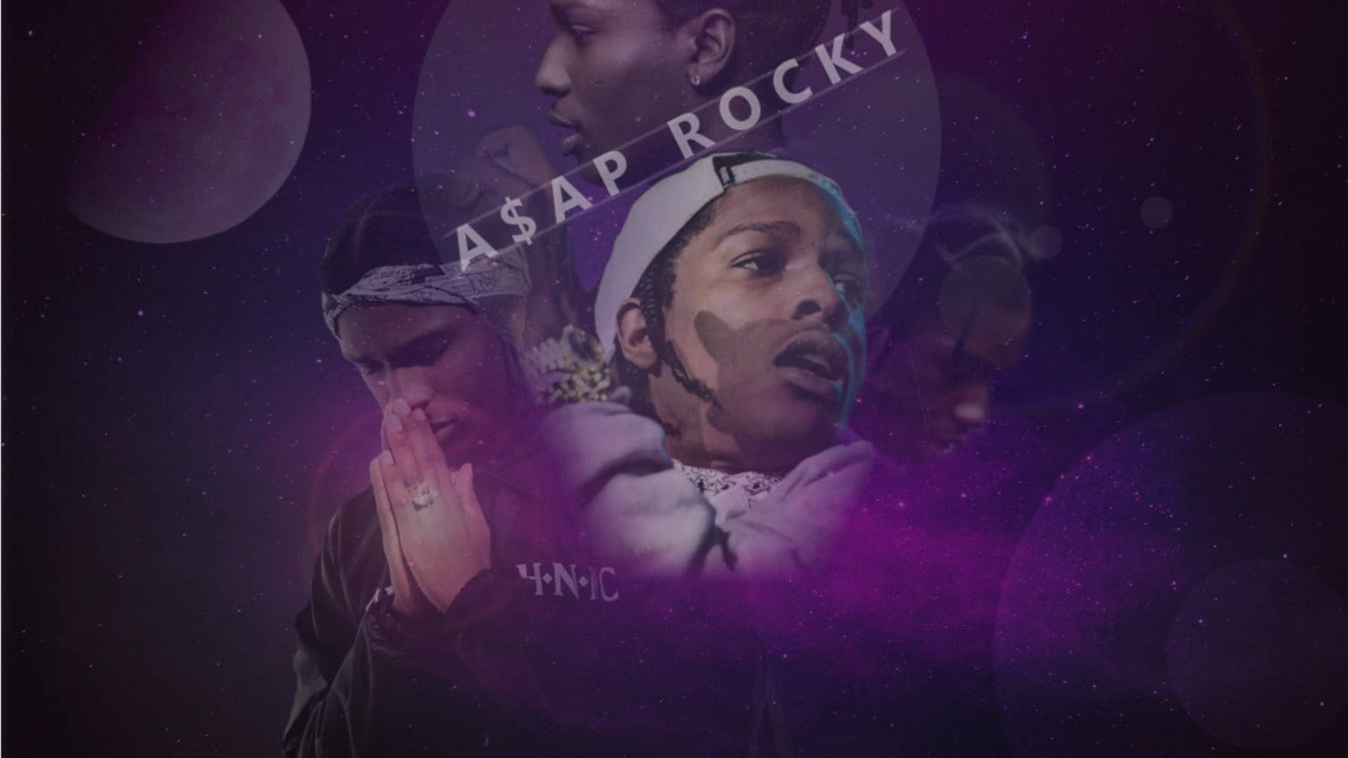 rocky 桌布 壁紙 — A$AP Rocky 肖像，疊加宇宙紫色星雲和漂浮的行星球體，構成超現實的數位藝術作品。