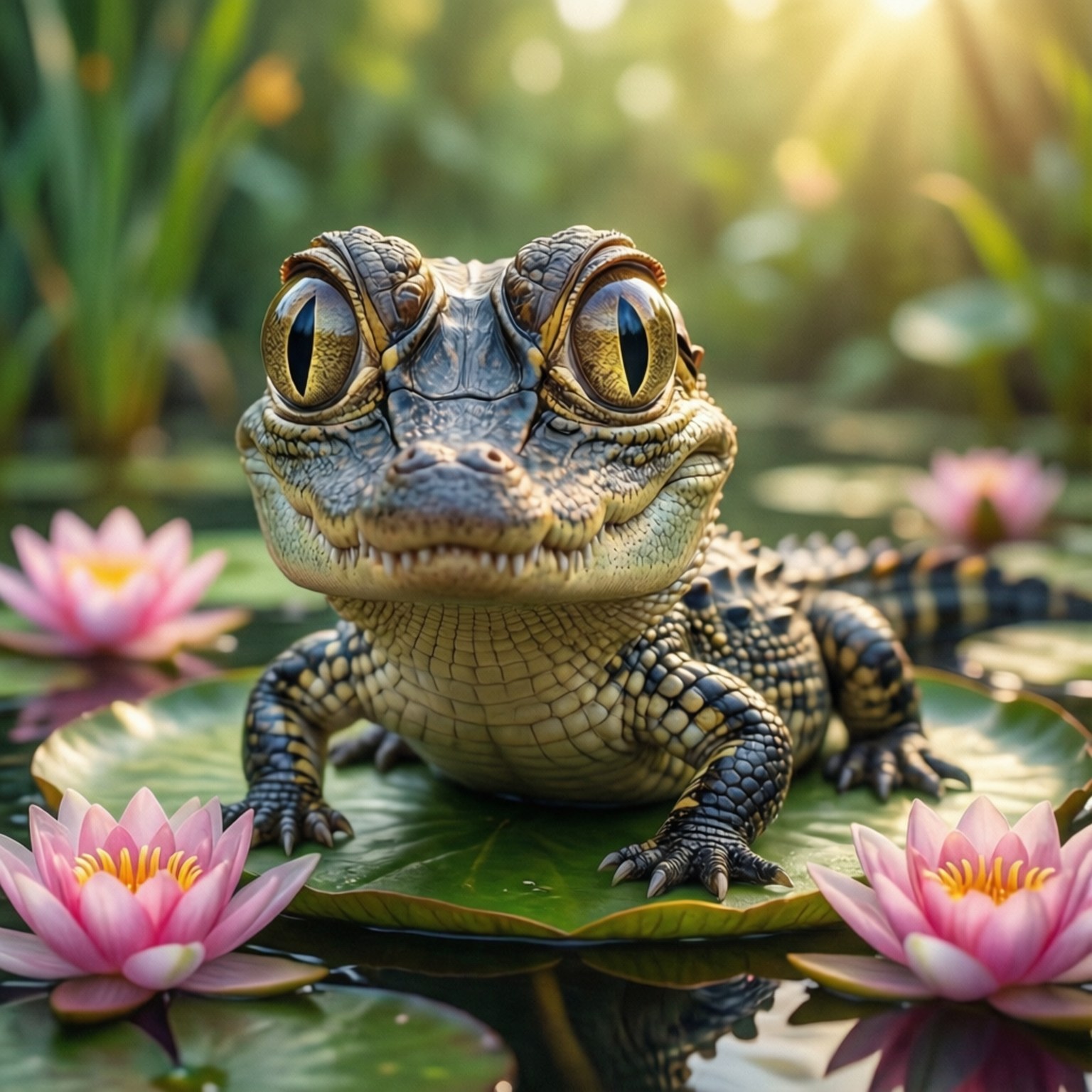 Baby Alligator Fantasy 壁紙 — 一隻擁有金色大眼睛的鱷魚寶寶坐在荷葉上，周圍是粉紅色的睡蓮，在陽光照耀的池塘中。