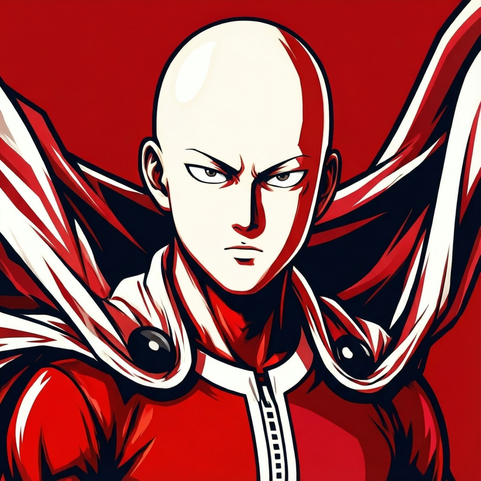 Minimalist Vector Saitama 壁紙 — 一個光頭動畫英雄，身穿紅白相間的西裝，表情兇猛，背景為大膽的紅色。