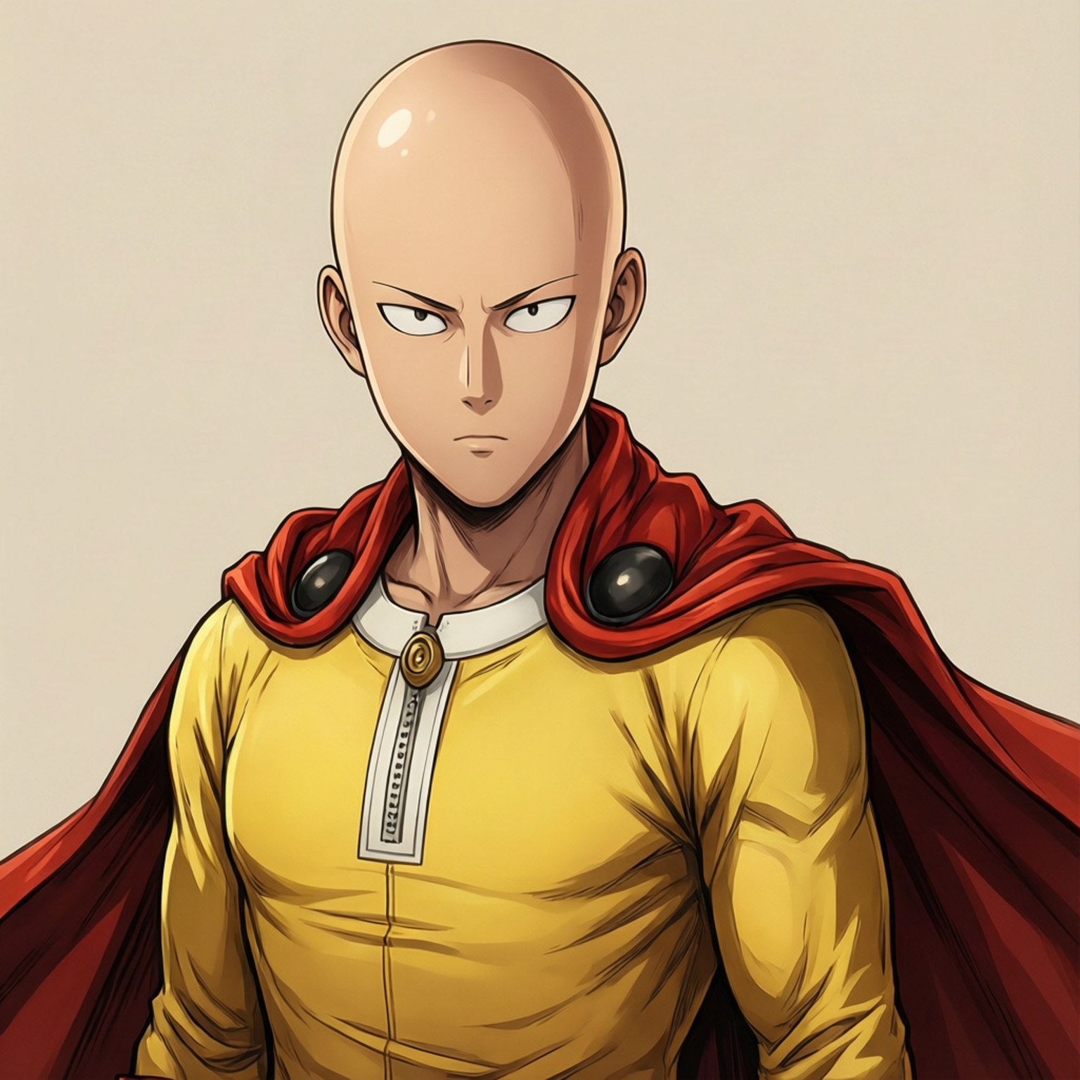anime profile 桌布 壁紙 — 一個光頭動畫英雄穿著黃色西裝和紅色斗篷，在純米色背景下強烈凝視。