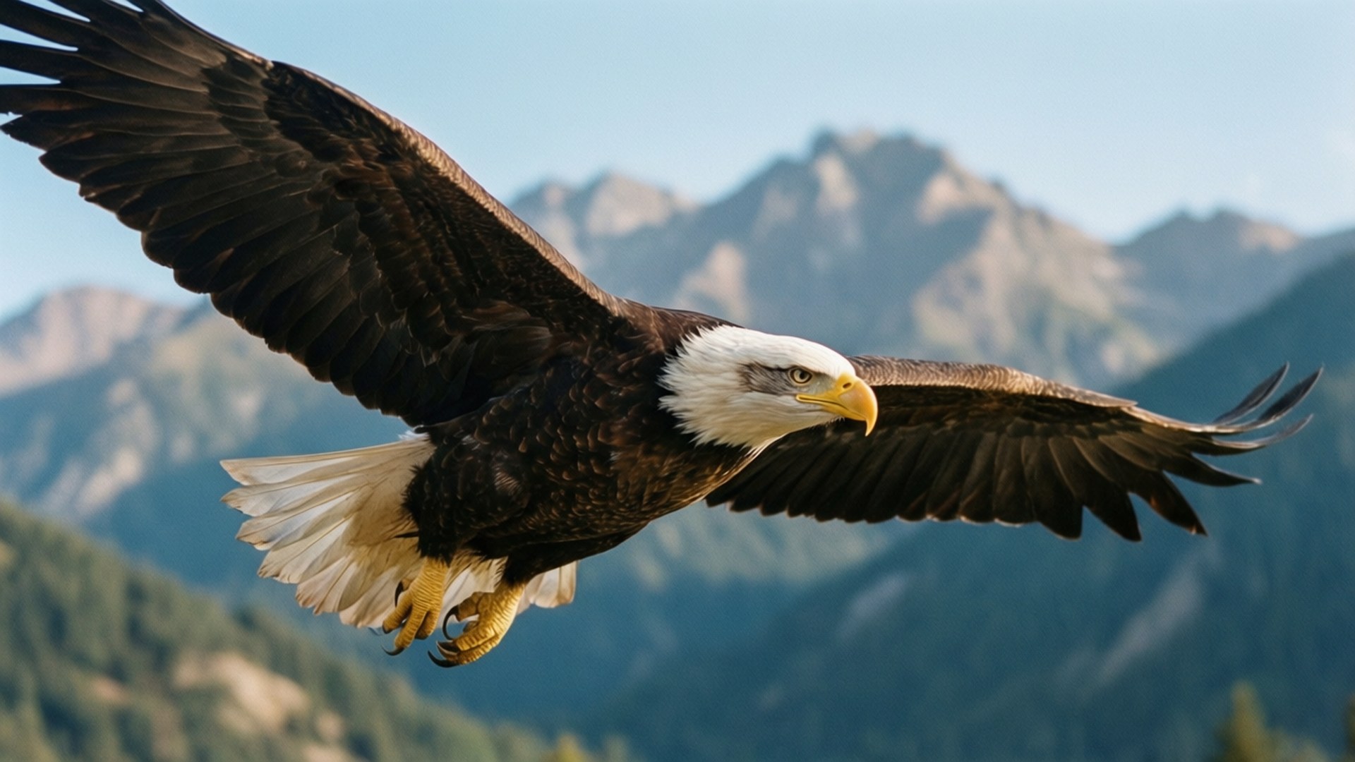 Bald Eagle Soaring 壁紙 — 一隻白頭鷹展翅翱翔，背景是遠處的山峰，在清澈的藍天下。