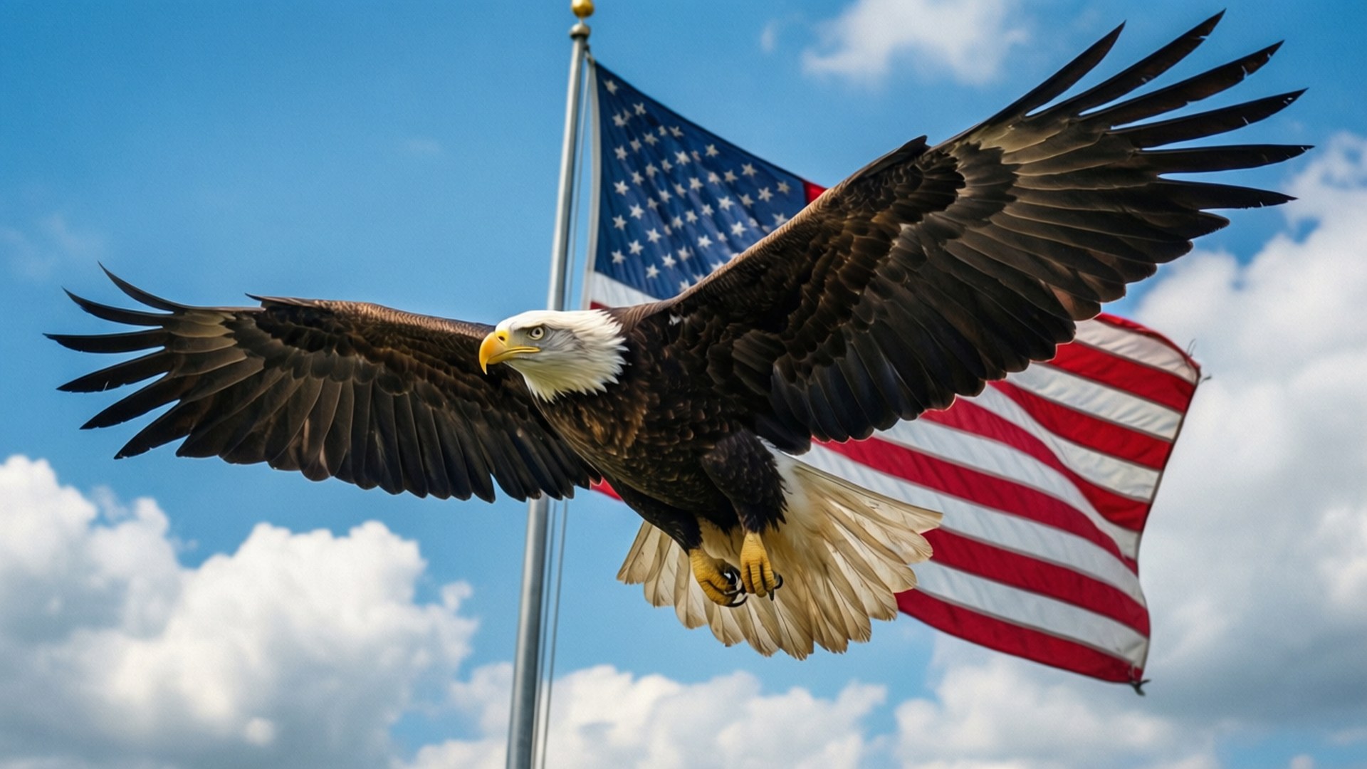 Soaring Freedom 壁紙 — 一隻白頭鷹展翅翱翔，背景是藍天白雲和飄揚的美國國旗。