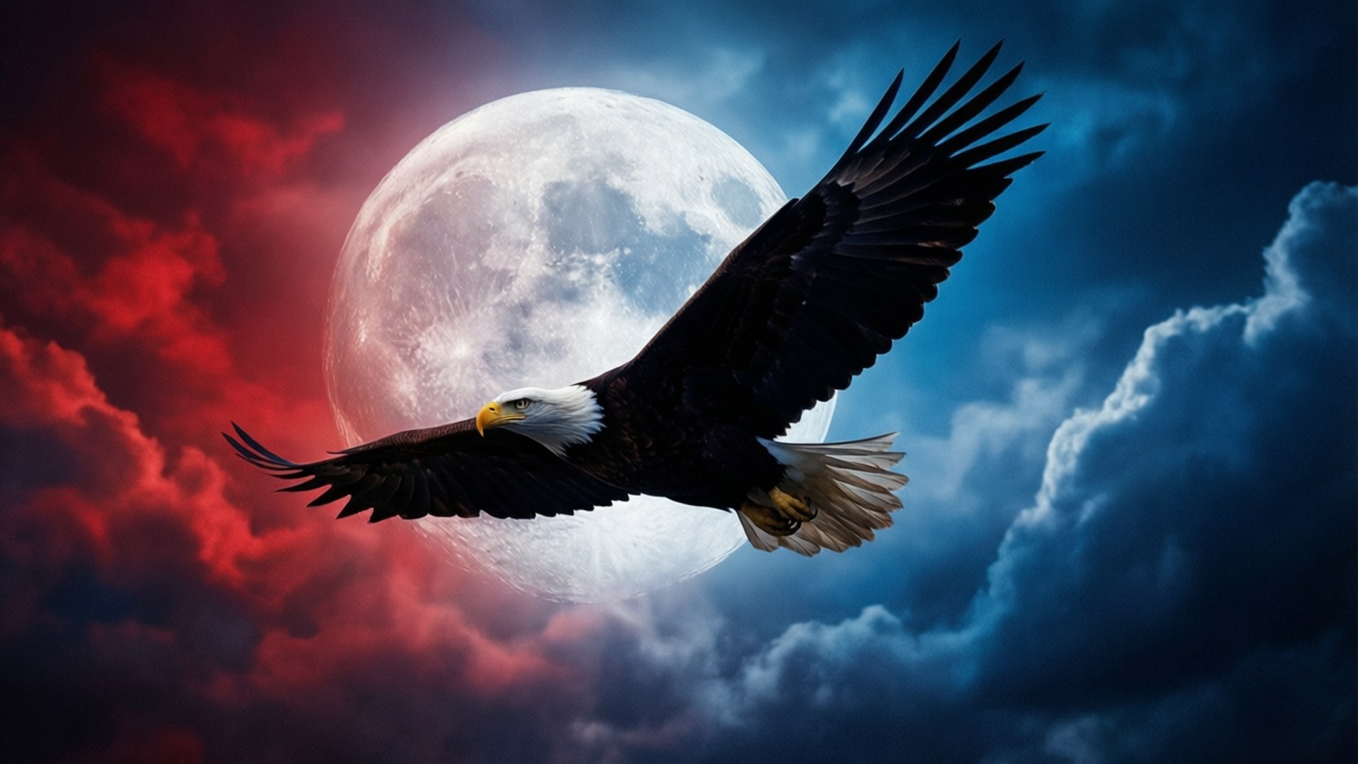 Eagle and Moon 壁紙 — 一隻白頭鷹展翅翱翔，背景是紅藍雲層分割的戲劇性天空，背後有一輪滿月。