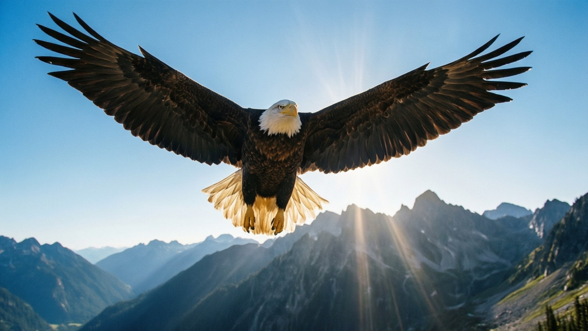 Eagle Over Mountains 壁紙 — 一隻白頭鷹展開寬闊的翅膀，在晴朗的藍天下，以陽光照耀的山脈為背景翱翔。