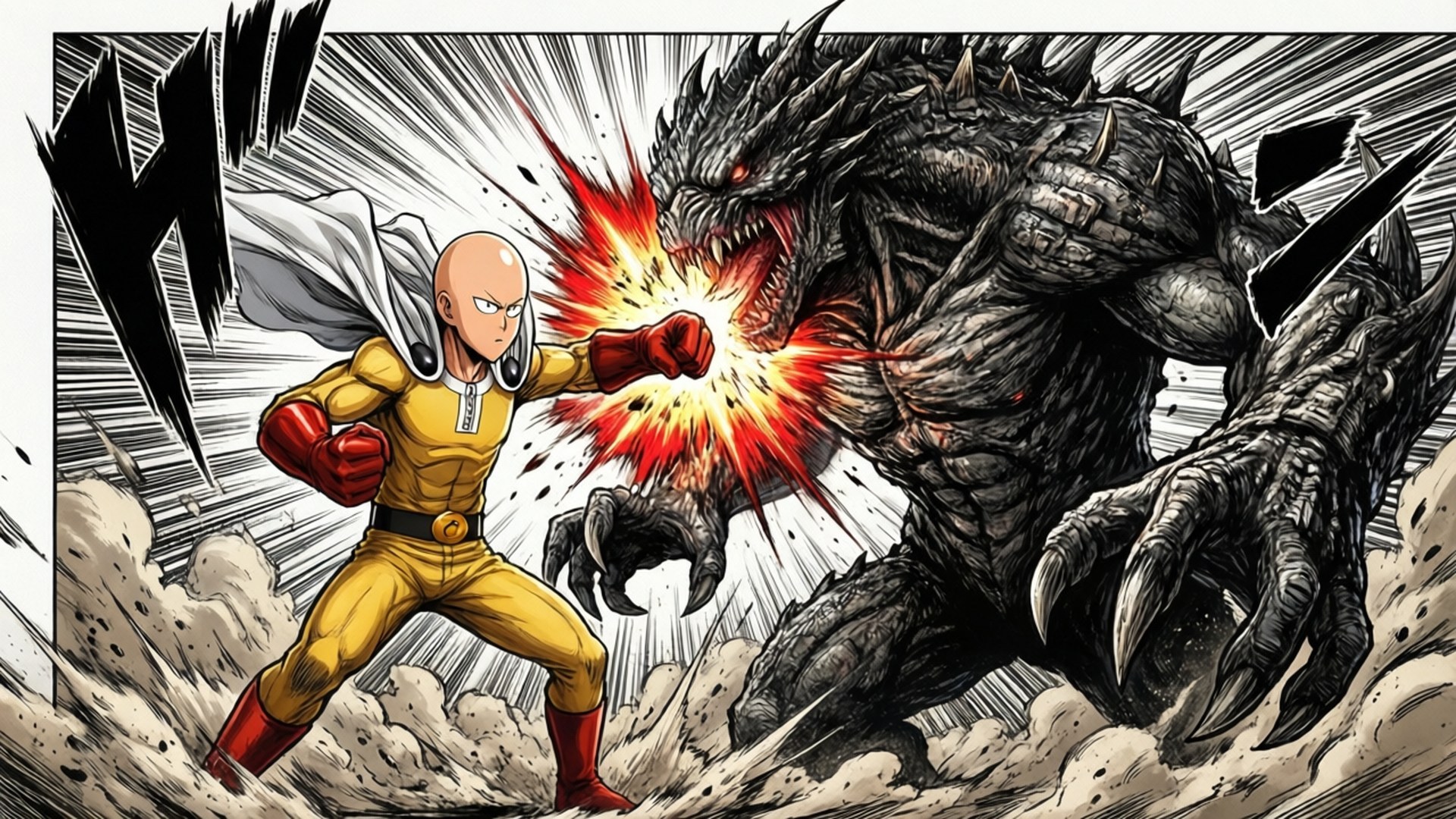 Giant Monster Clash 壁紙 — 一個光頭英雄穿著黃色套裝，拳擊一個有刺的黑色怪物，造成漫畫風格的火焰爆炸。