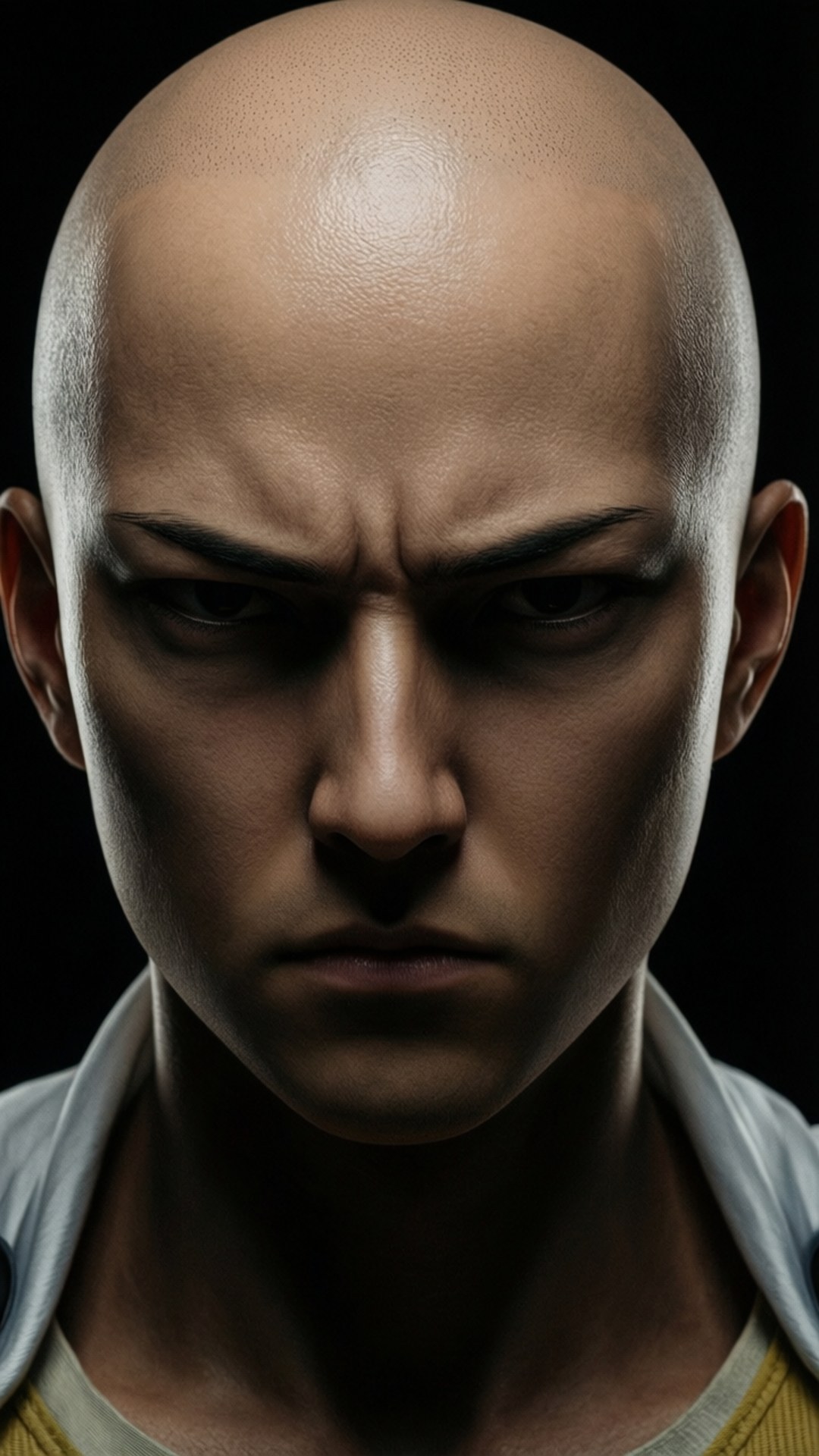 Serious Saitama Face 壁紙 — 一個光頭男人，眉頭深鎖，眼睛瞇起，在黑色背景前以戲劇性的特寫直視前方。
