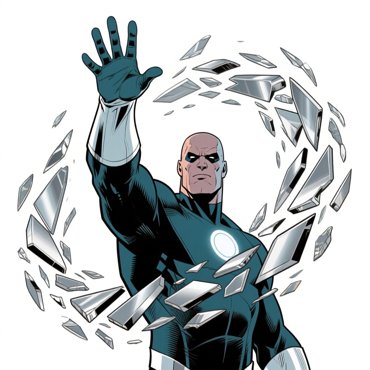 Magneto Metal Swirl 壁紙 — 一個光頭超級英雄穿著青綠色套裝，胸前有發光標誌，舉起手，破碎的玻璃碎片在他周圍旋轉，背景為白色。
