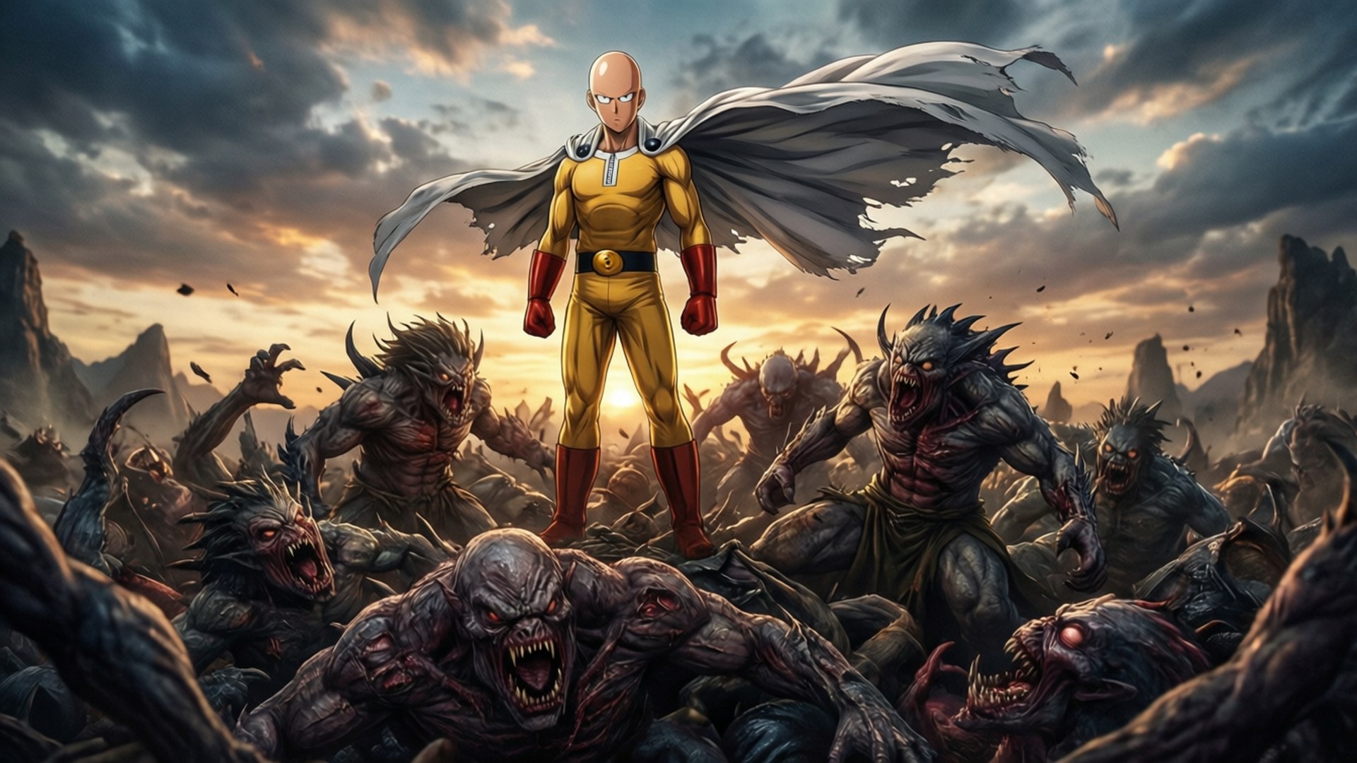 Hero Stands Victorious 壁紙 — 一個光頭超級英雄，身穿黃色套裝和白色斗篷，在暴風雨般的日落天空下， defiantly 站在怪物戰場之上。