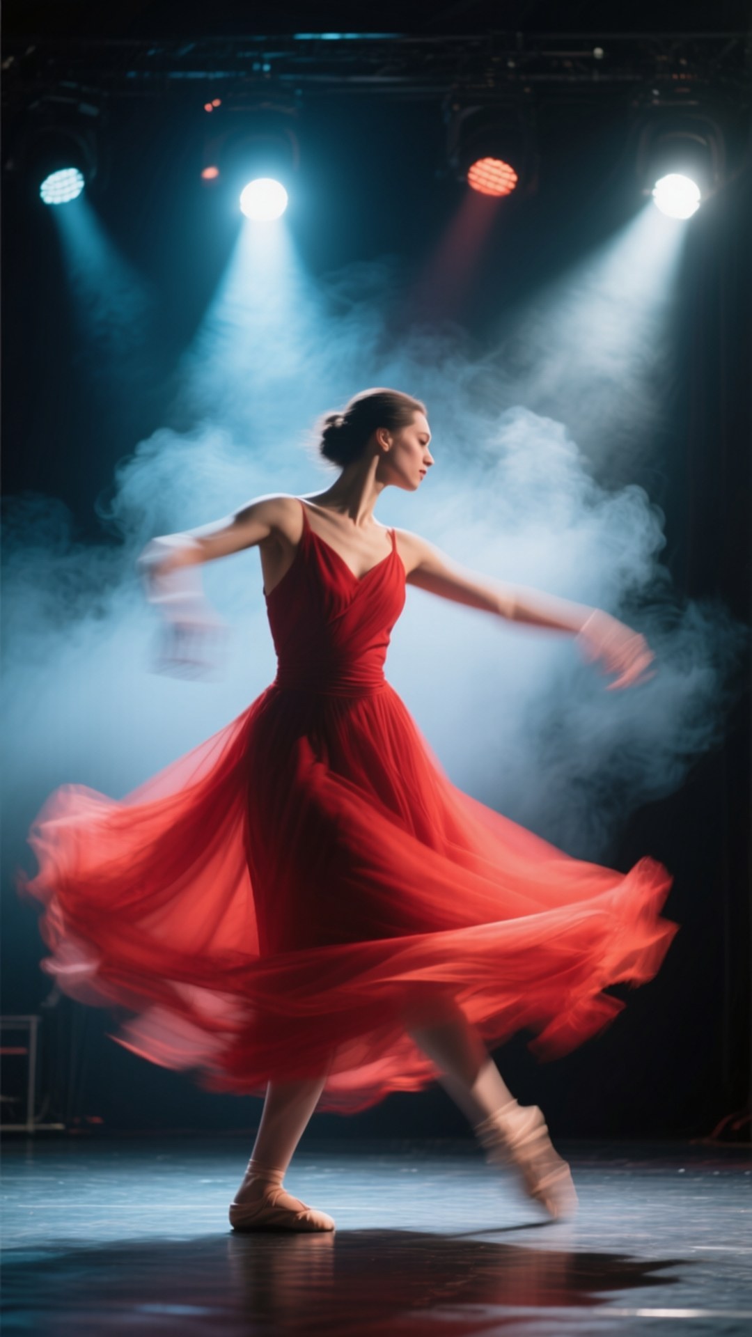 Dancer in Motion 壁紙 — 一位穿著飄逸紅裙的芭蕾舞者在戲劇性的舞台燈光和旋轉煙霧下優雅地旋轉。