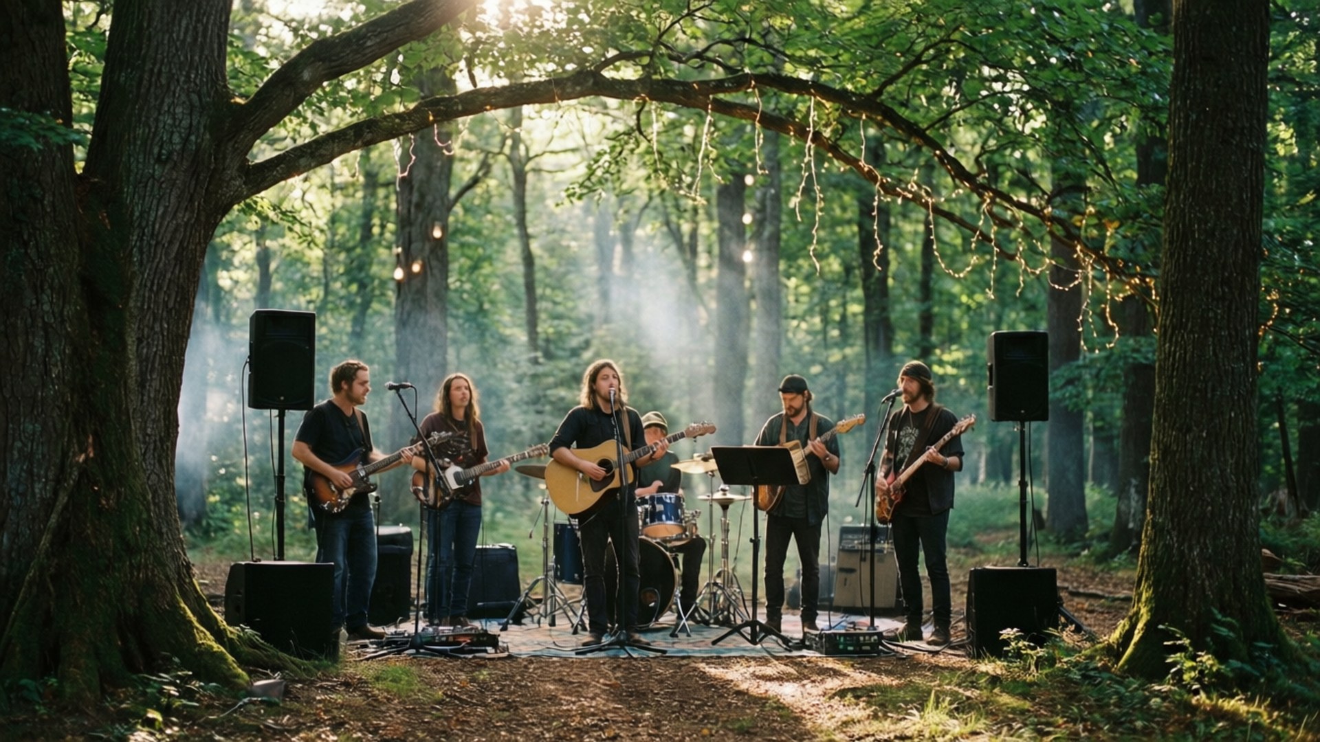 Forest Acoustic Set 壁紙 — 樂團在樹冠下演奏原聲樂器，樹冠上有串燈和陽光穿過森林。