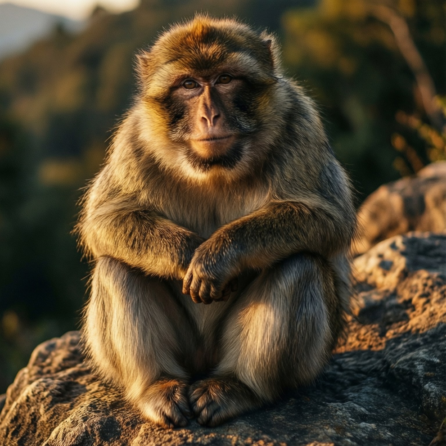 Grumpy Macaque 壁紙 — 一隻巴巴里獼猴平靜地坐在陽光照耀的岩石上，背後是模糊的森林山坡。