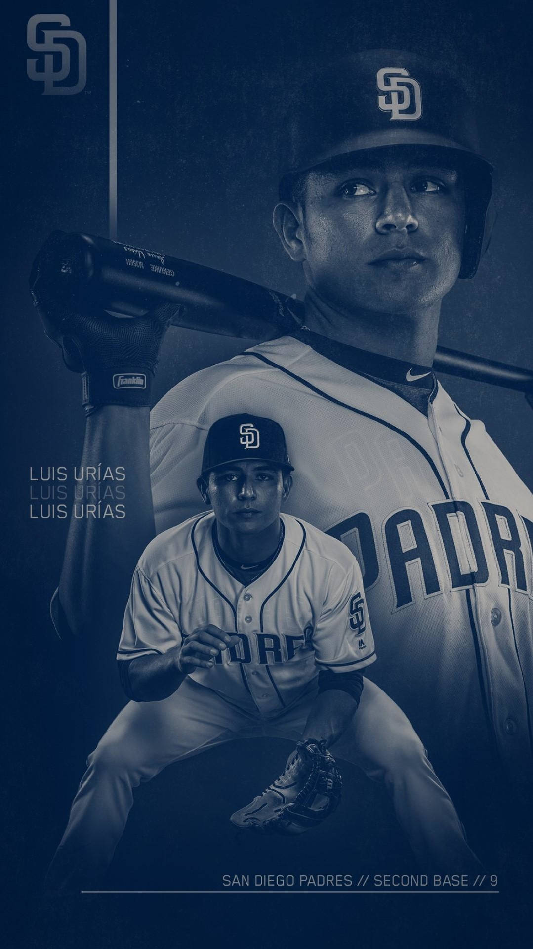 棒球選手 Luis Urias 身穿聖地牙哥教士隊球衣，在深藍色工作室肖像中手持球棒。 — MLB 壁紙
