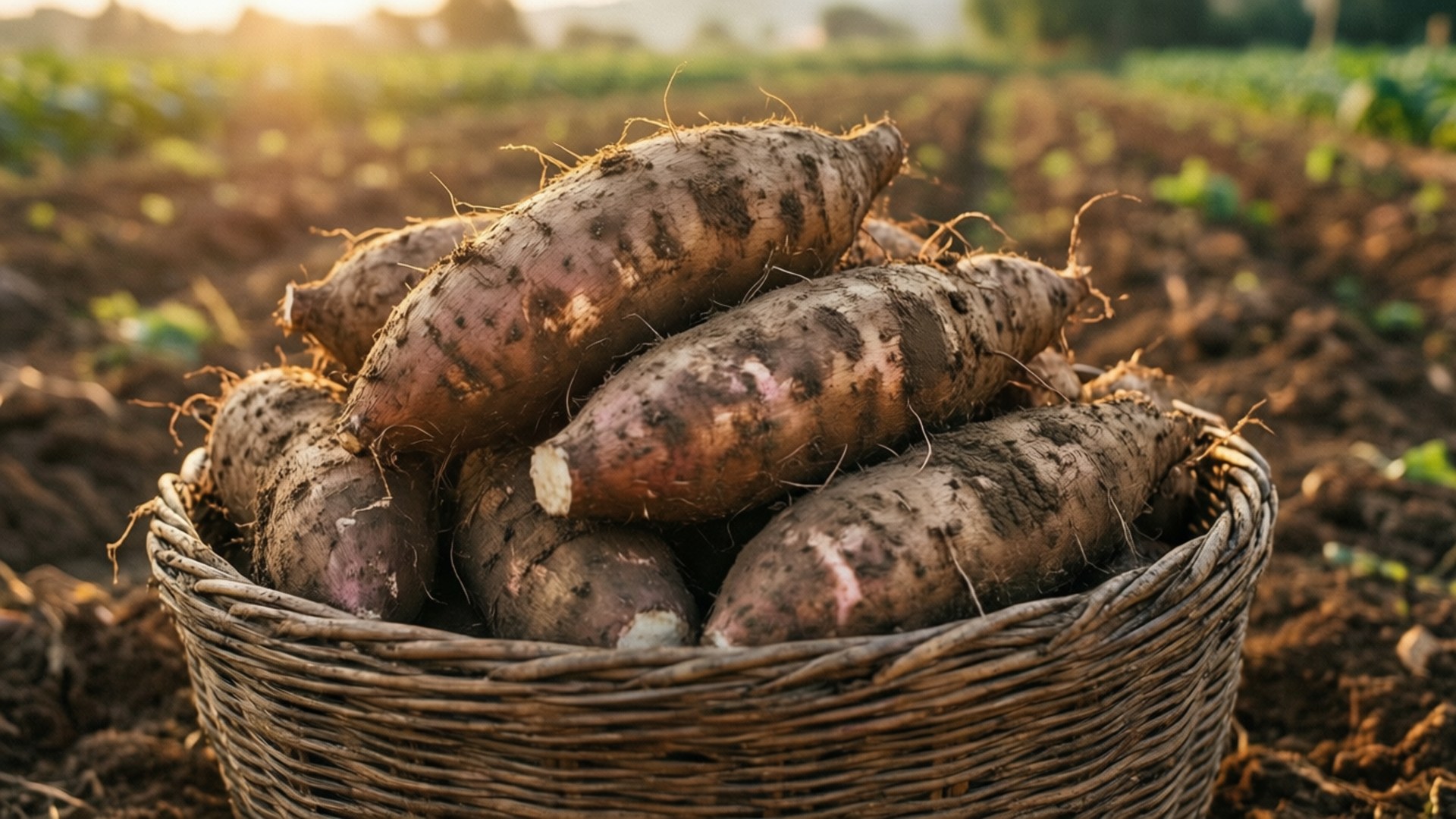 Yam 桌布 壁紙 — 一個裝滿新鮮收穫地瓜的籃子放在陽光明媚的田野中，伴隨著溫暖的金色光芒。