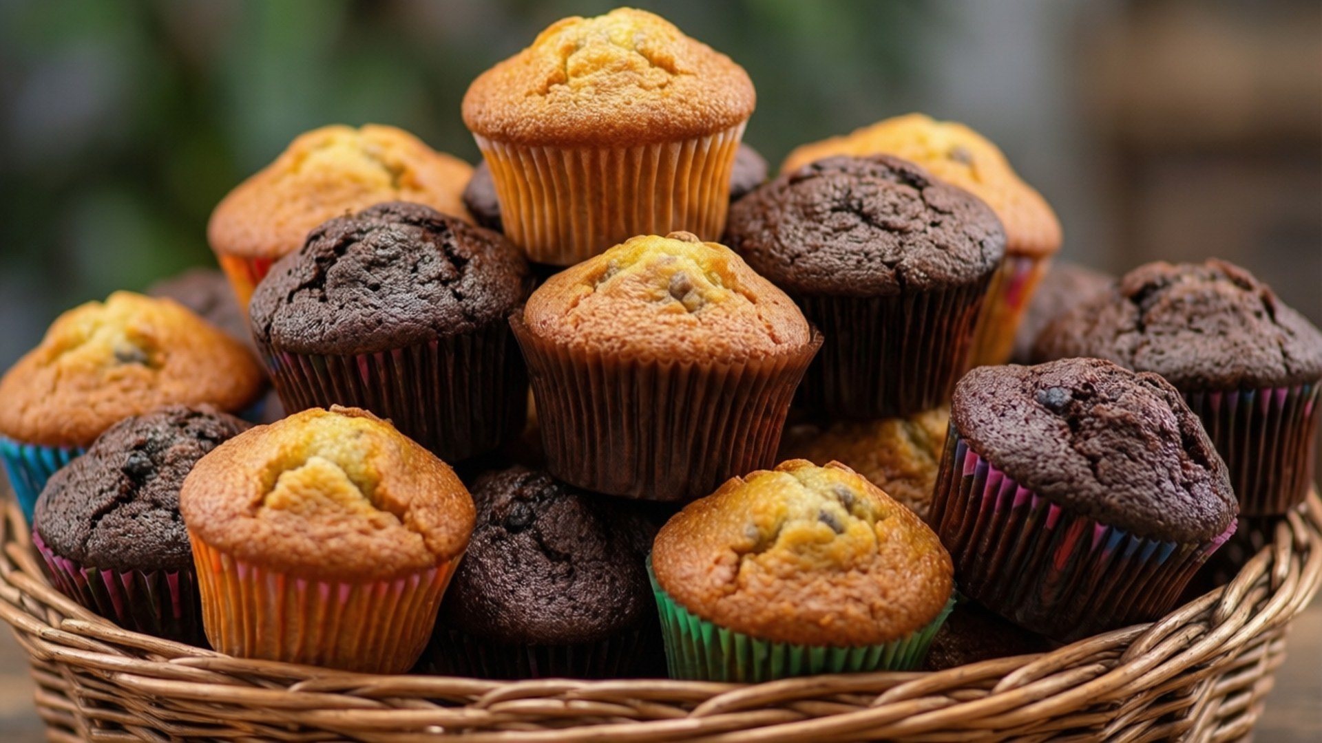 Basket of Baked Goods 壁紙 — 一個裝滿金色和巧克力馬芬的籃子，放在彩色襯紙中，新鮮誘人。