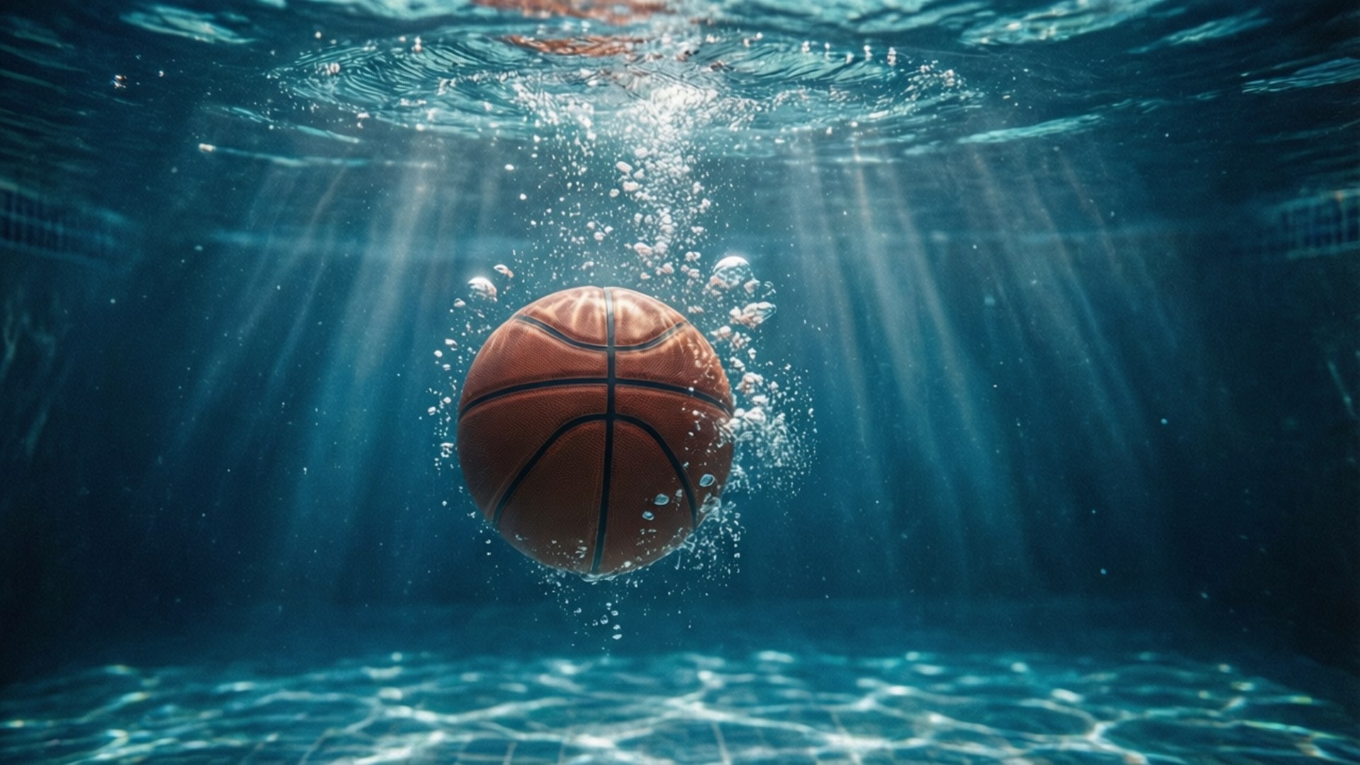 Underwater Hoop 壁紙 — 一個籃球在泳池水底漂浮，陽光穿透水面，周圍有氣泡升起。